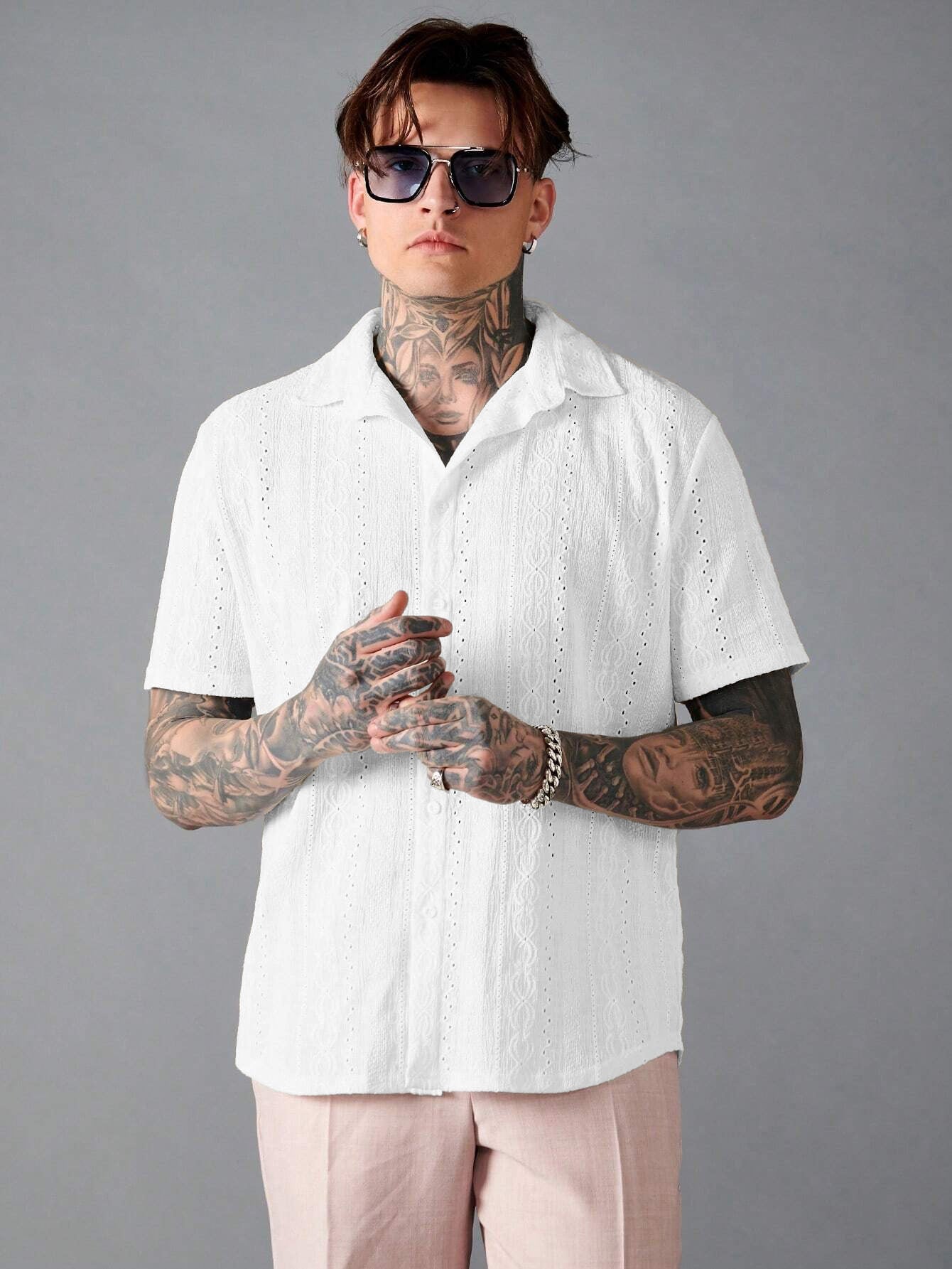 White Embroidered Casual Half Sleeve Shirt