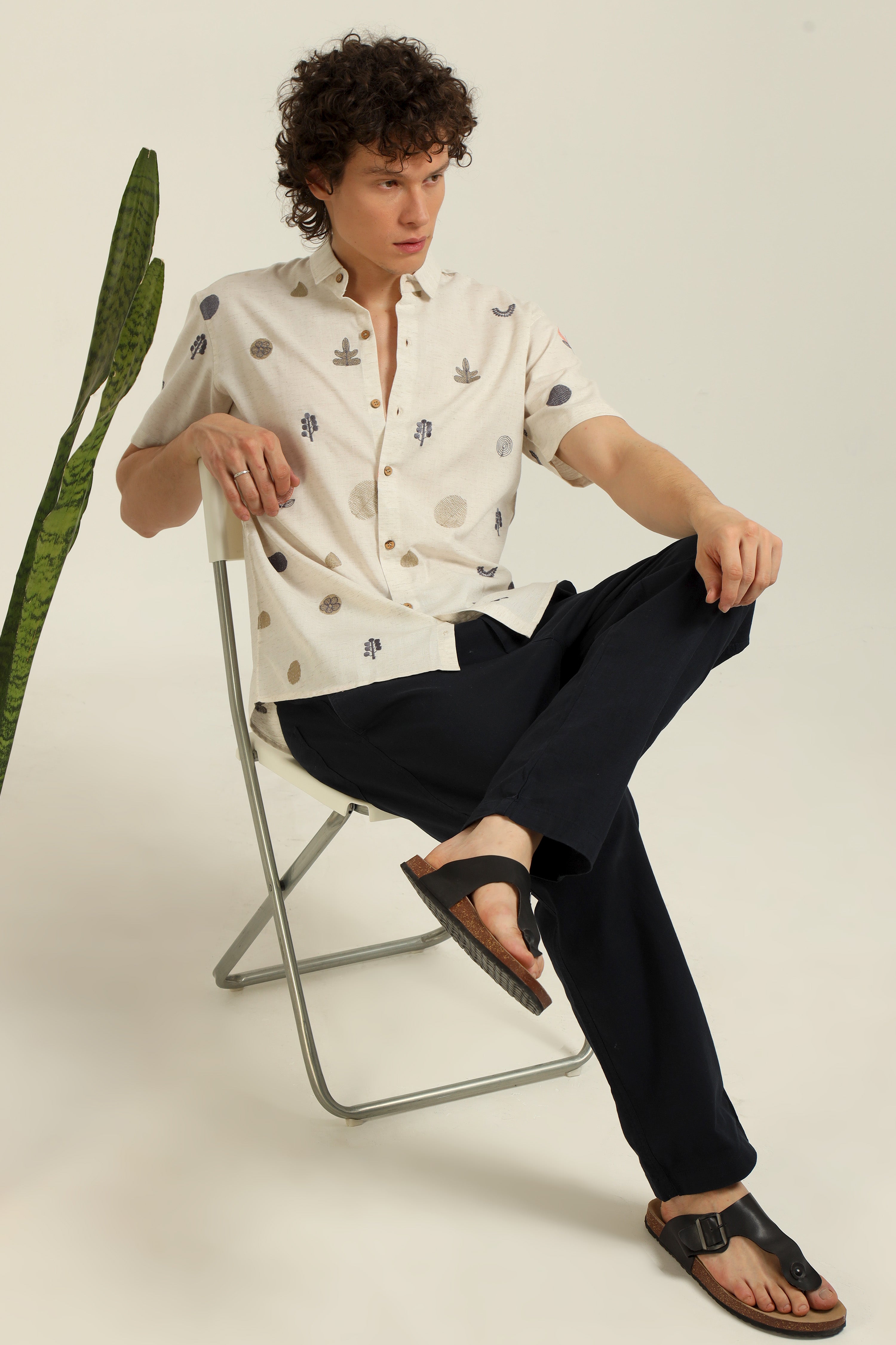 All over Embroidery Half-Sleeve Beige shirt