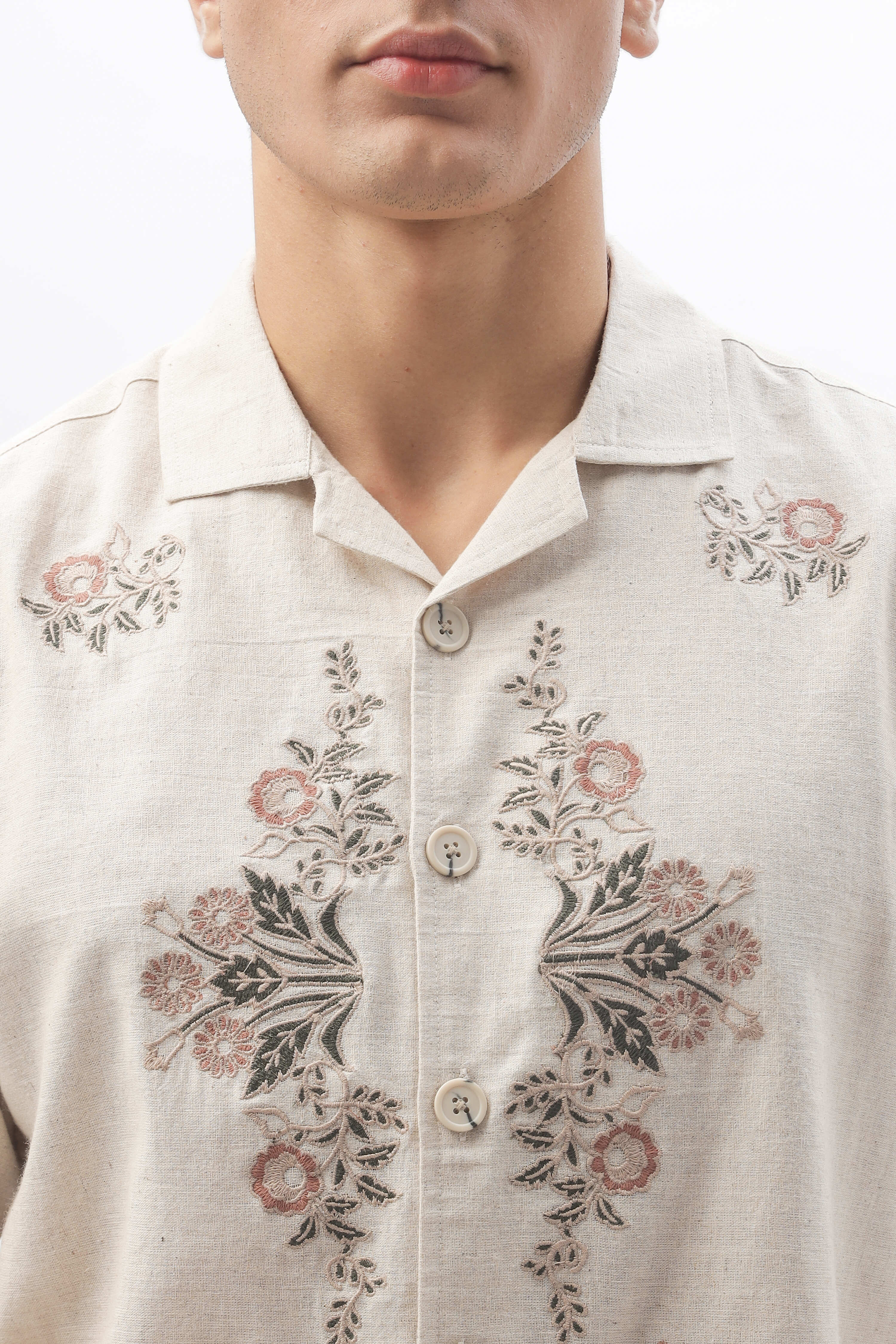 Zeus Floral Embroidery Linen Box Fit Shirt
