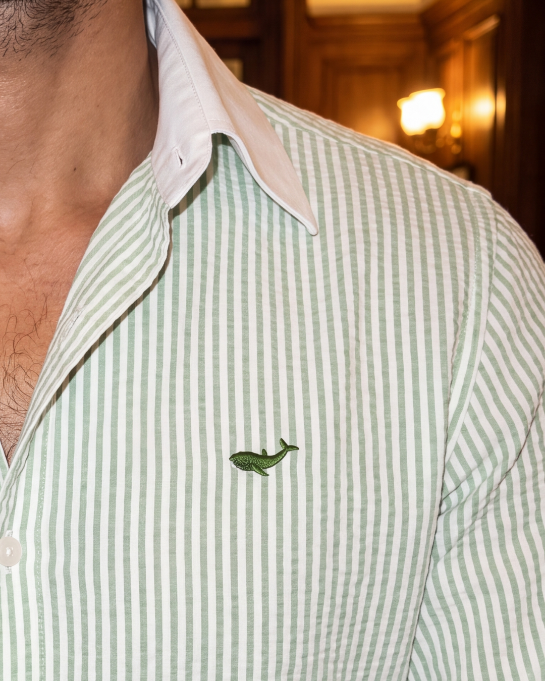 Green Seersucker Stripe- 80s Contrast Cooper Collar