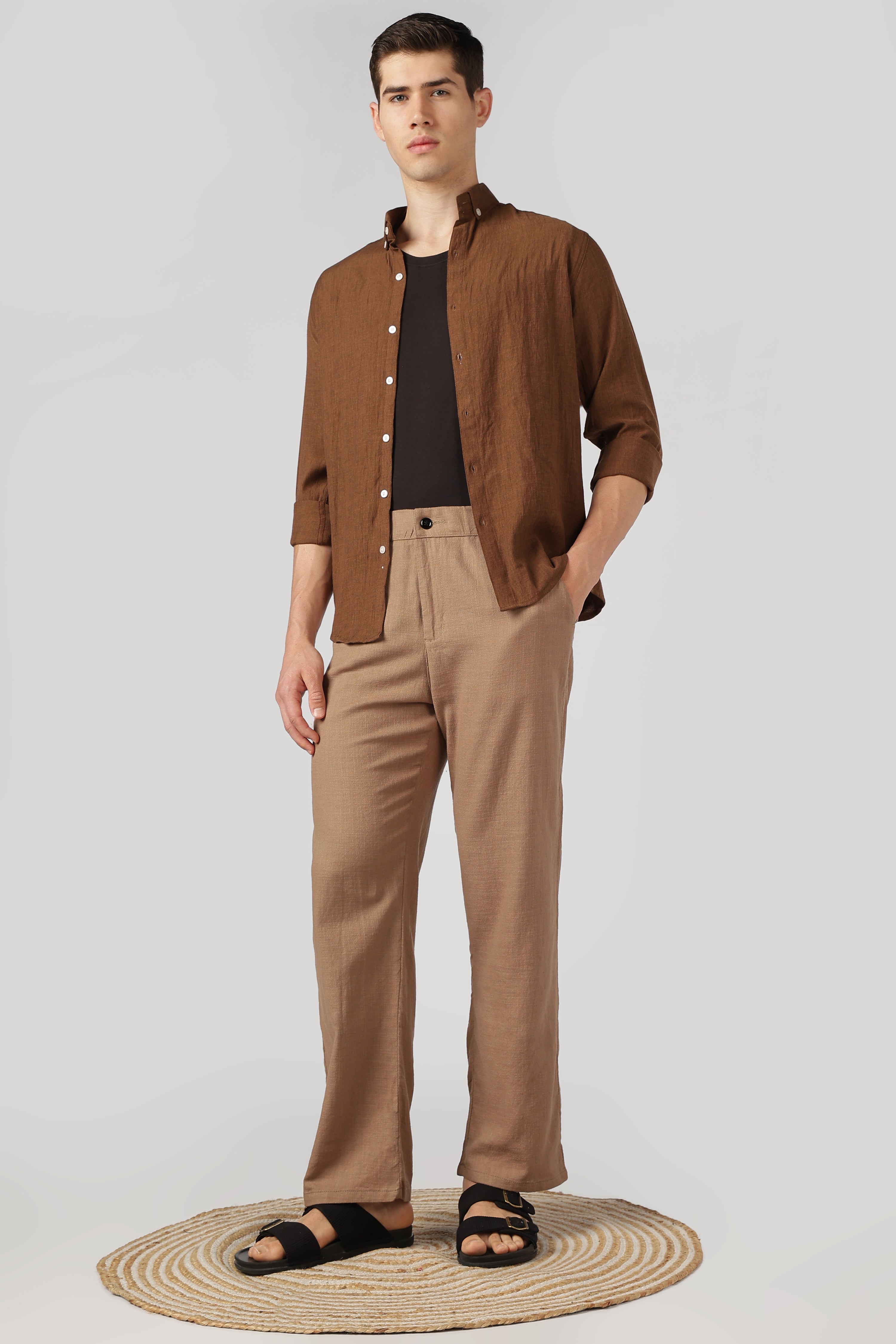 Linen-style 100% Cotton Relaxed Fit Brown Pant