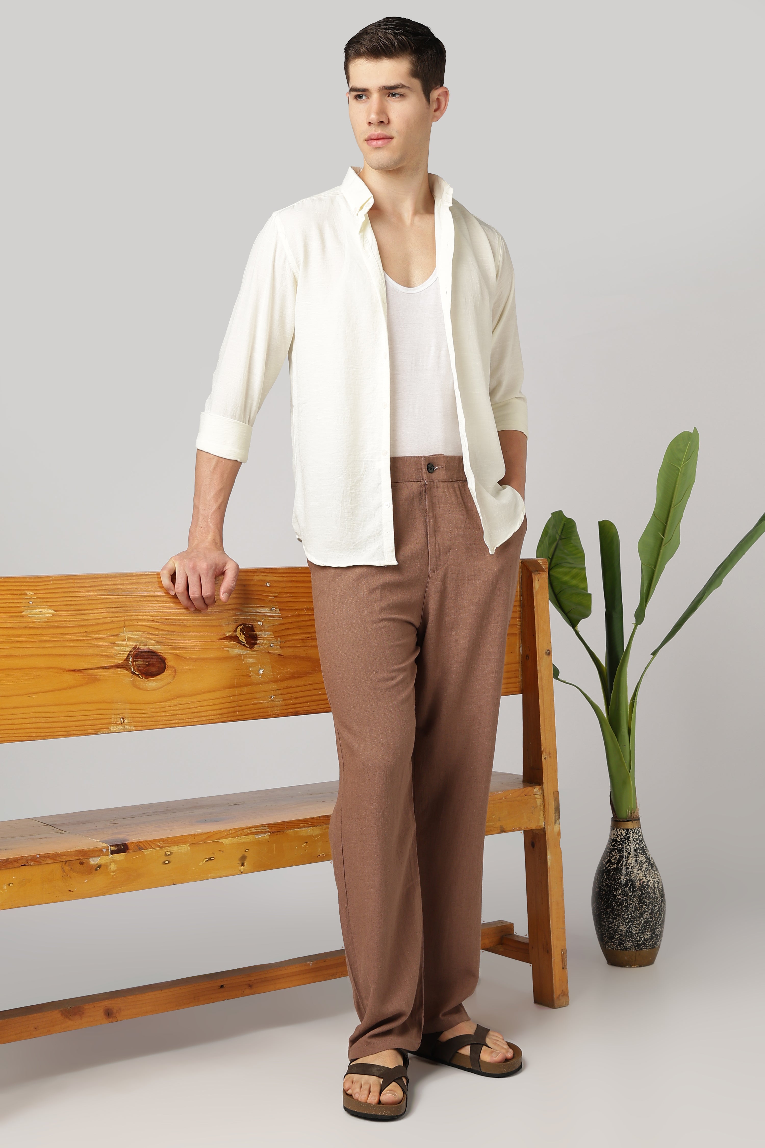 Linen-style 100% Cotton Straight Fit Brown Pant