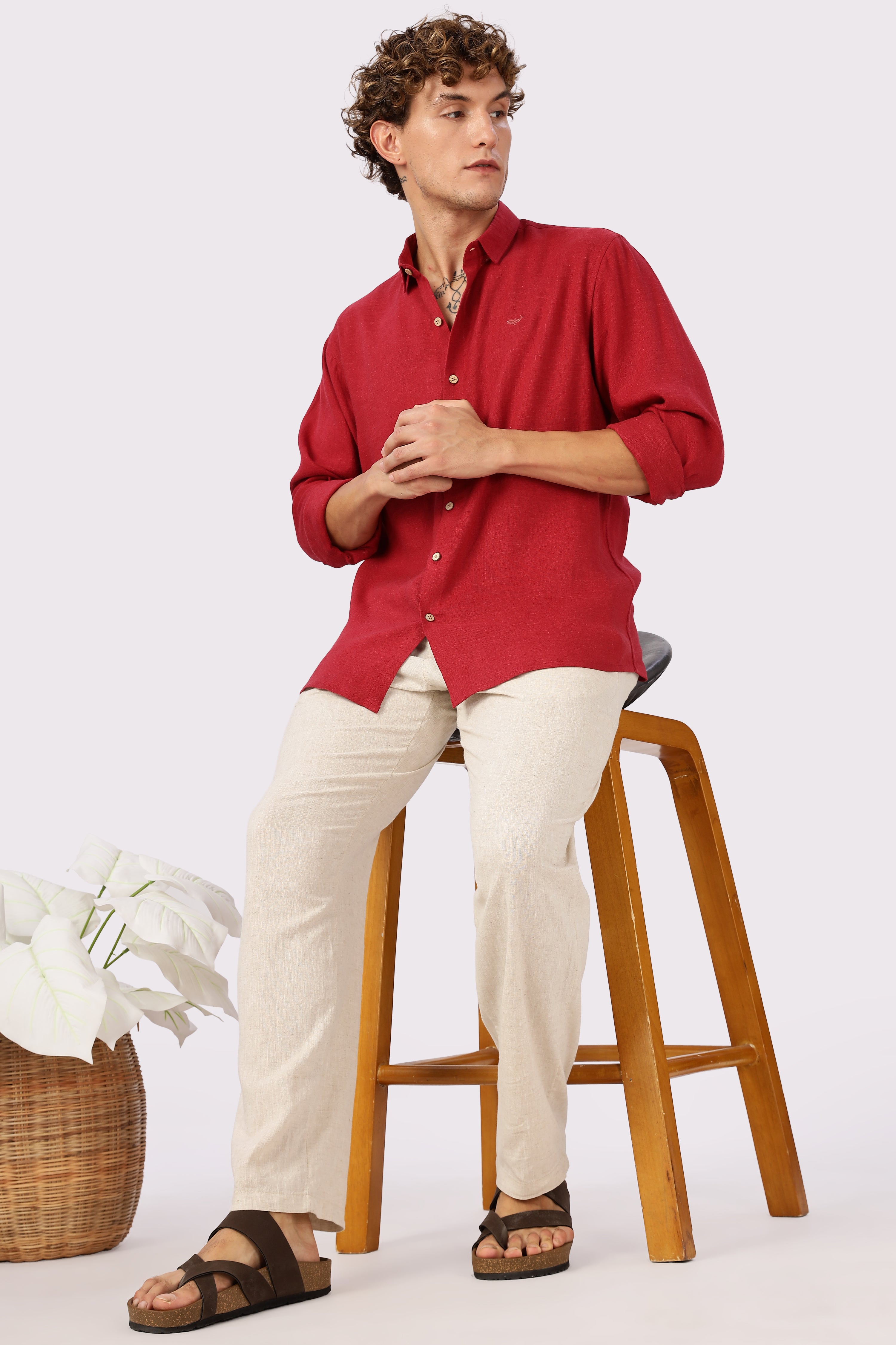 Red 100% Linen 44 Lea Shirt