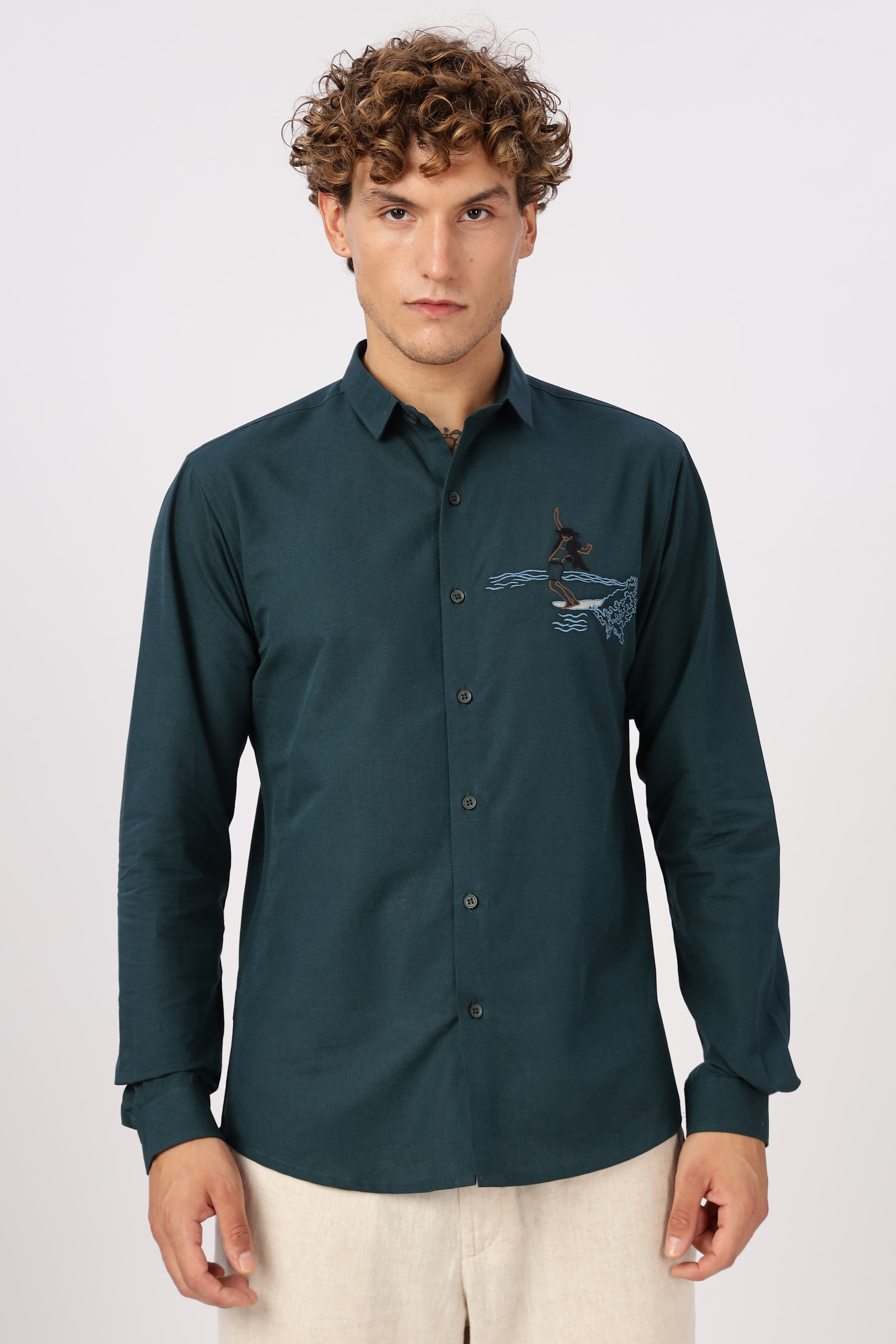 Wave Rider Embroidered Teal Cotton Shirt