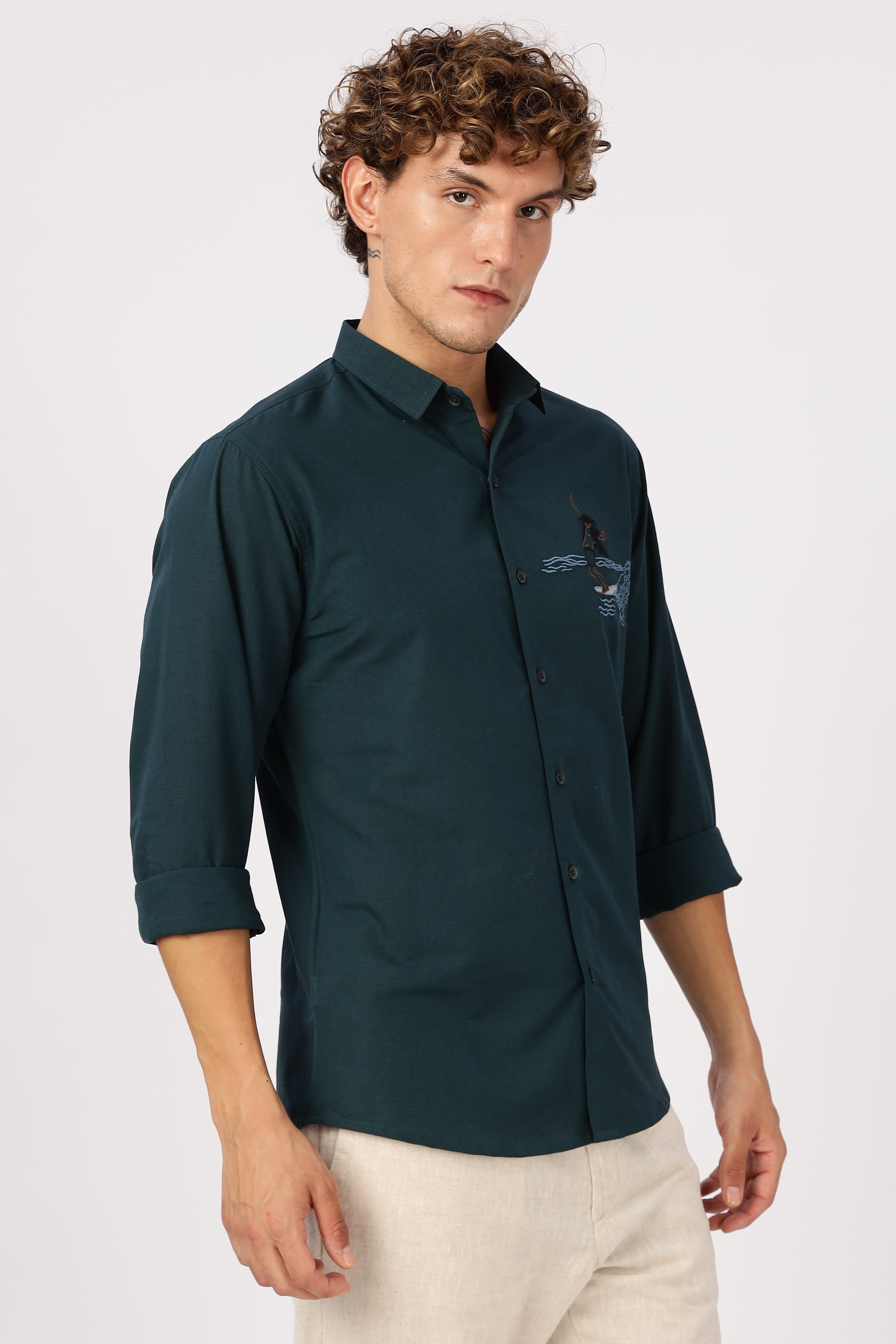 Wave Rider Embroidered Teal Cotton Shirt