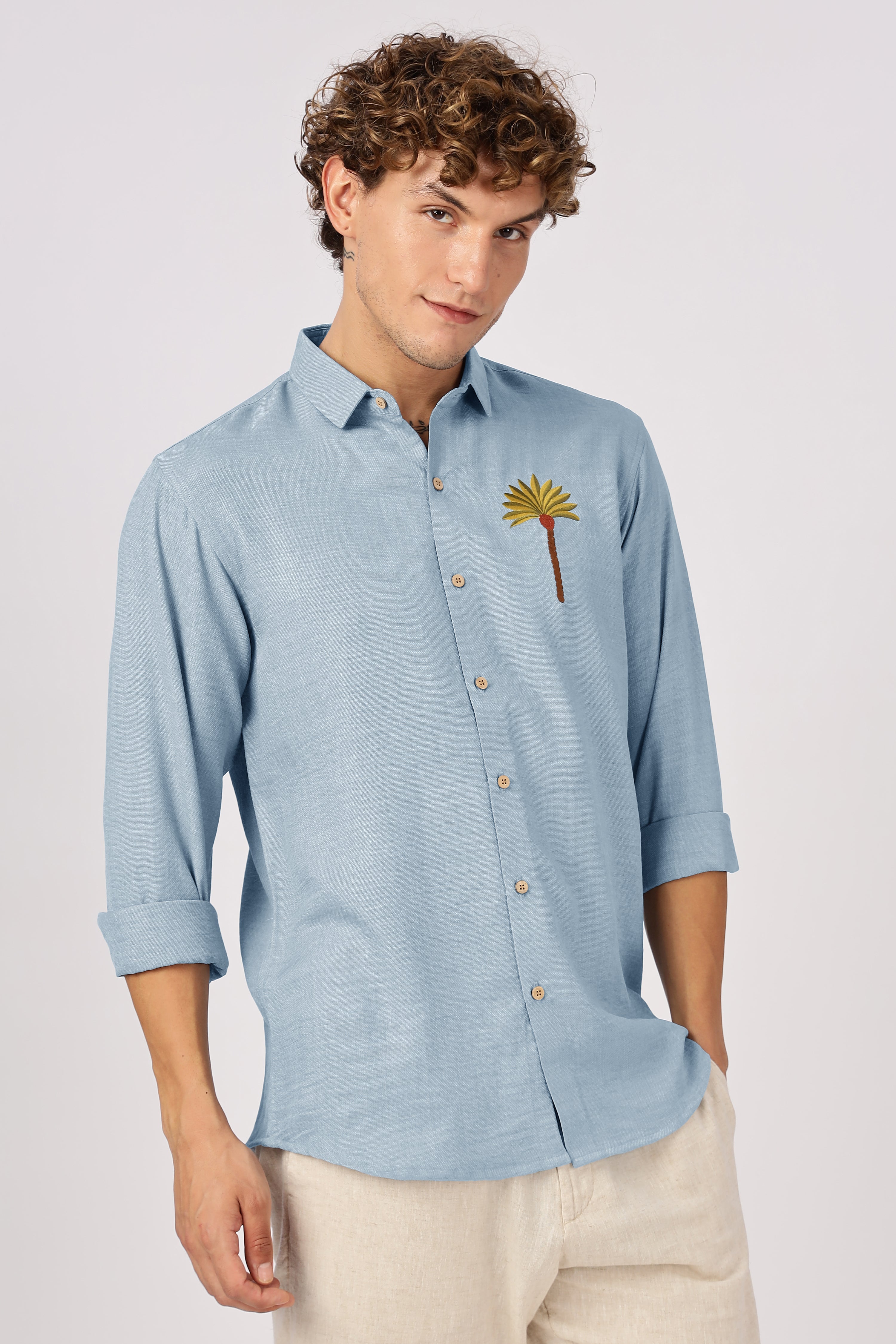 Palm Cove Breeze Cotton Regular Fit Blue Embroidered Shirt