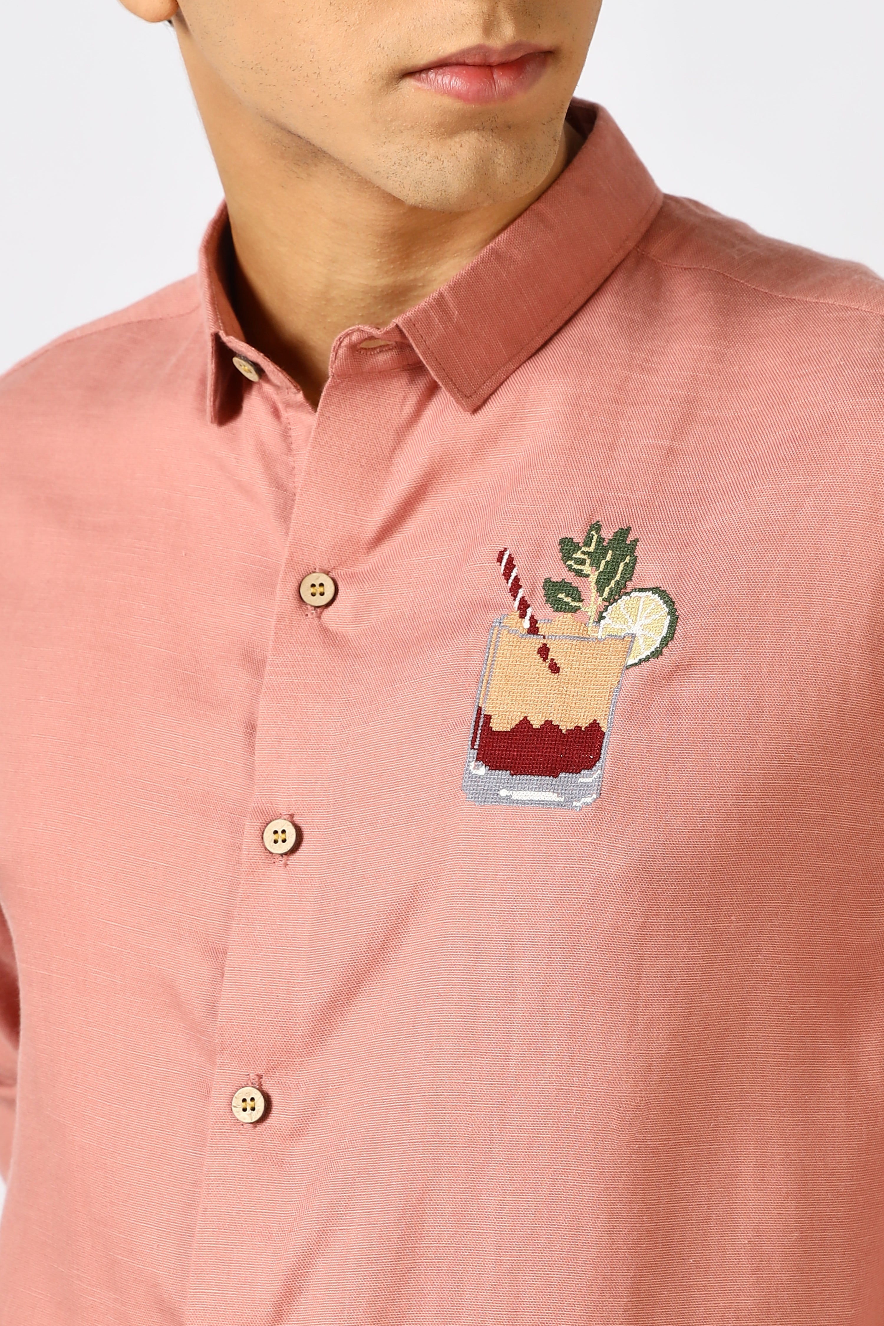 Sundowner Spritz Cotton Regular Fit Dusty Pink Embroidered Shirt