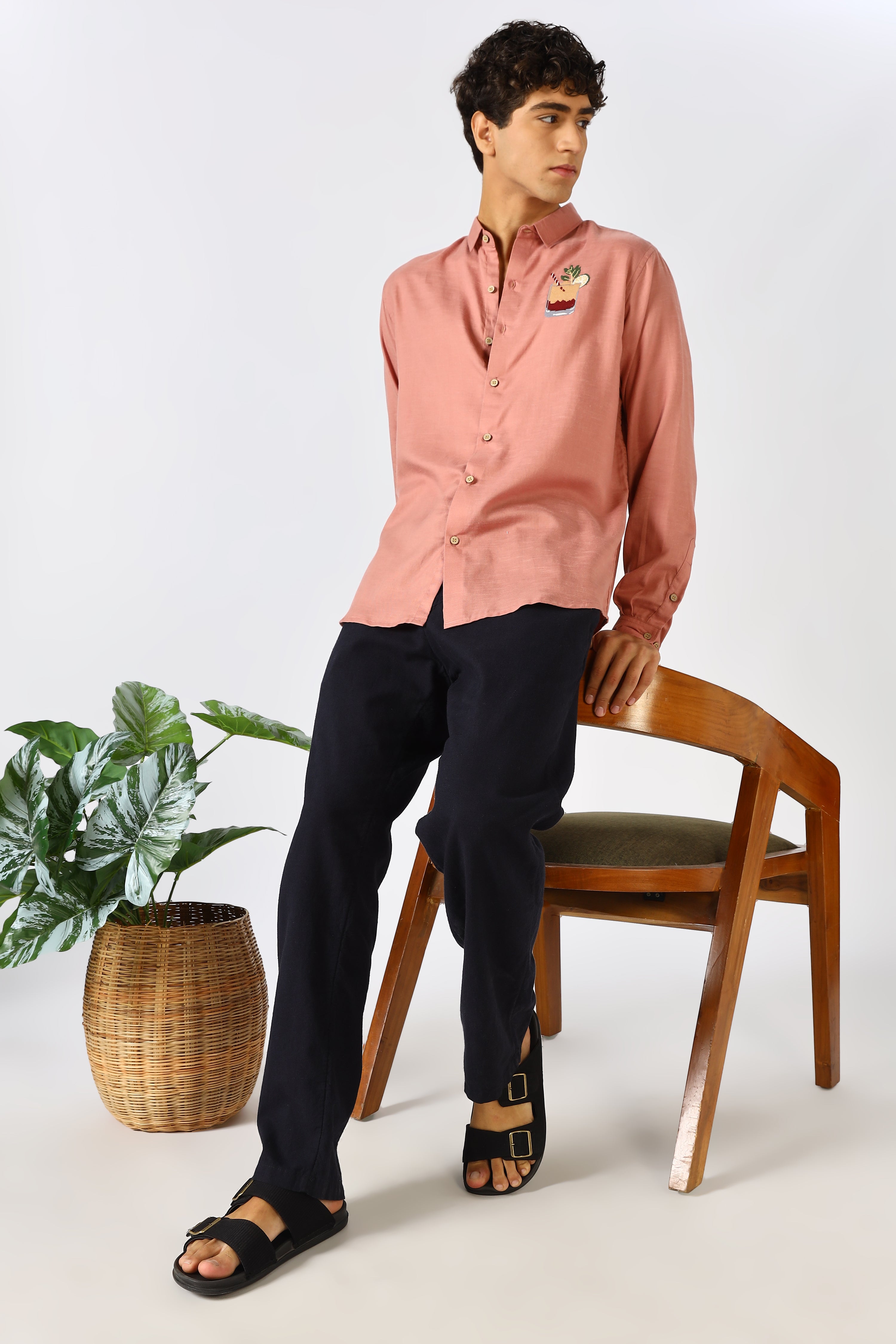 Sundowner Spritz Cotton Regular Fit Dusty Pink Embroidered Shirt