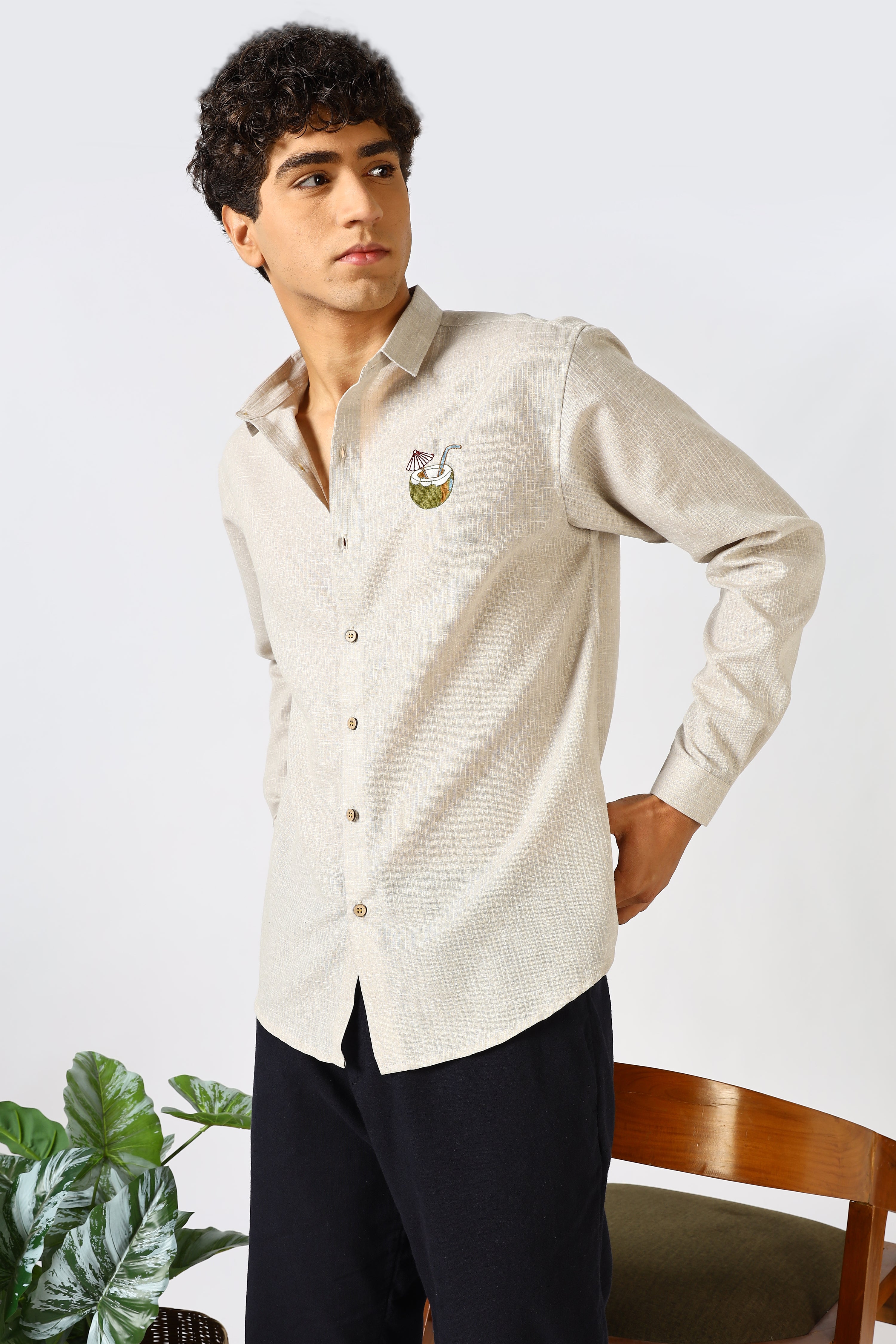 Coconut Life 100% Cotton Regular Fit Brown Embroidered Shirt