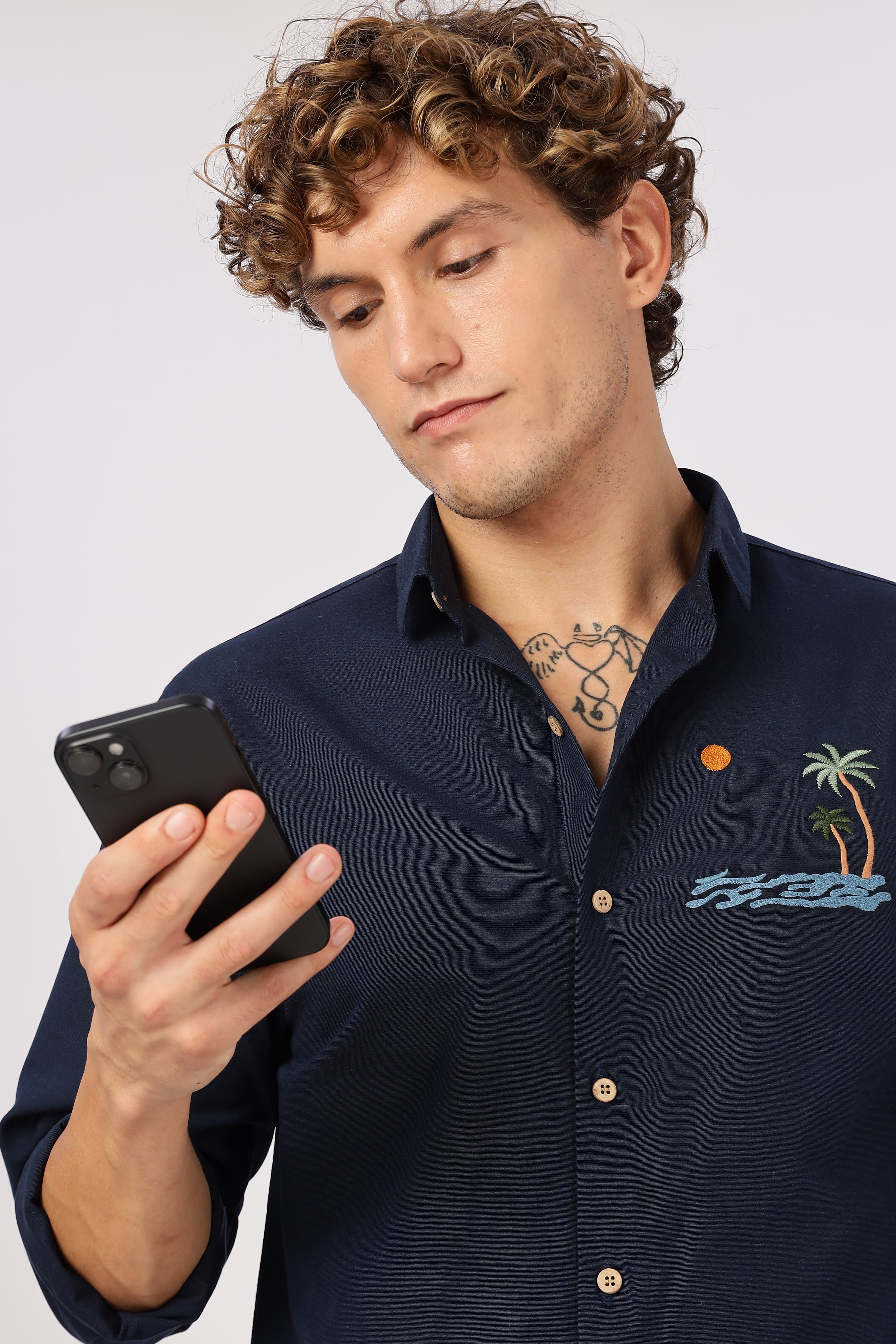 "Tides & Palms" Embroidered Navy Shirt