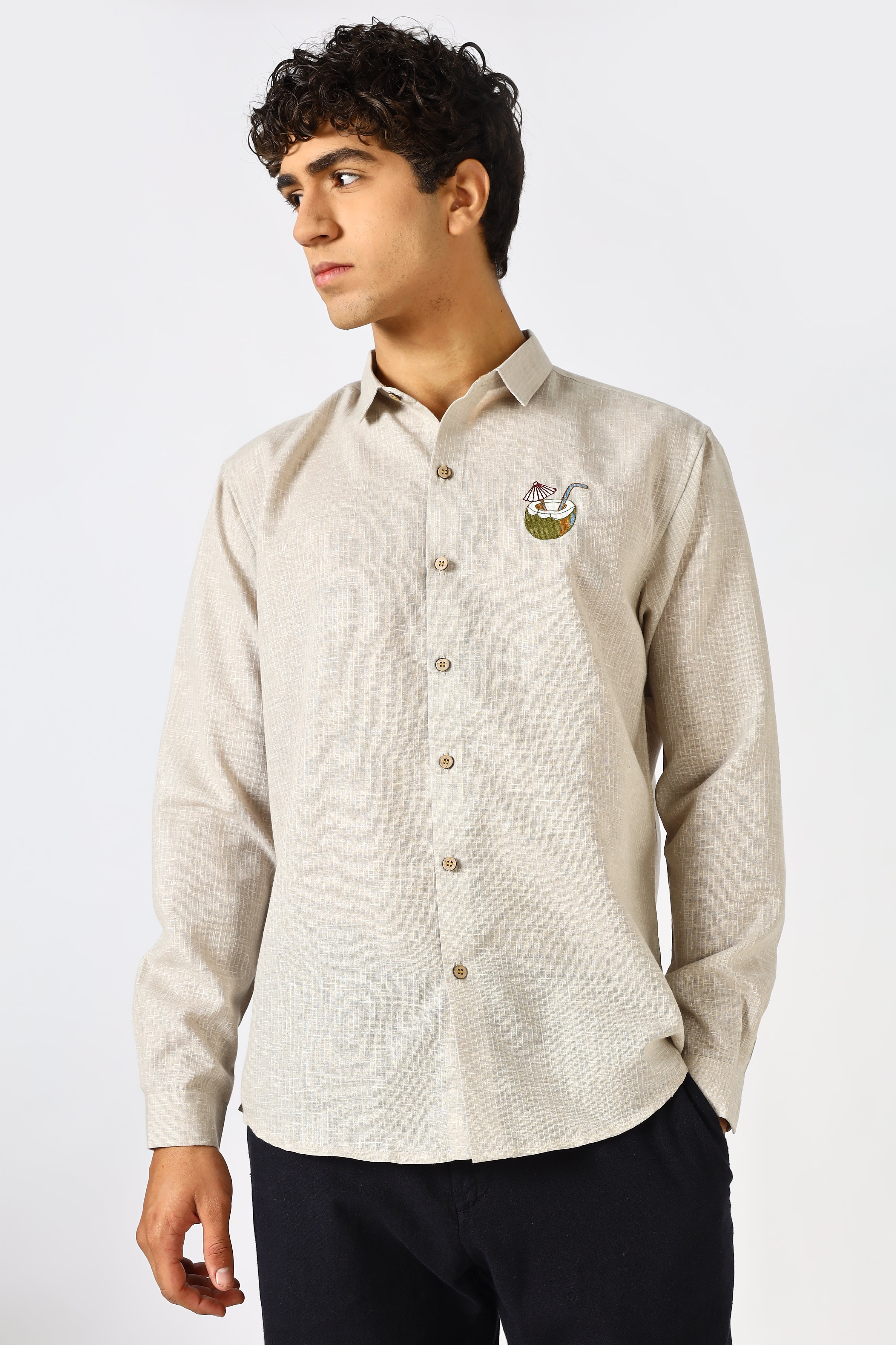 Coconut Life 100% Cotton Regular Fit Brown Embroidered Shirt