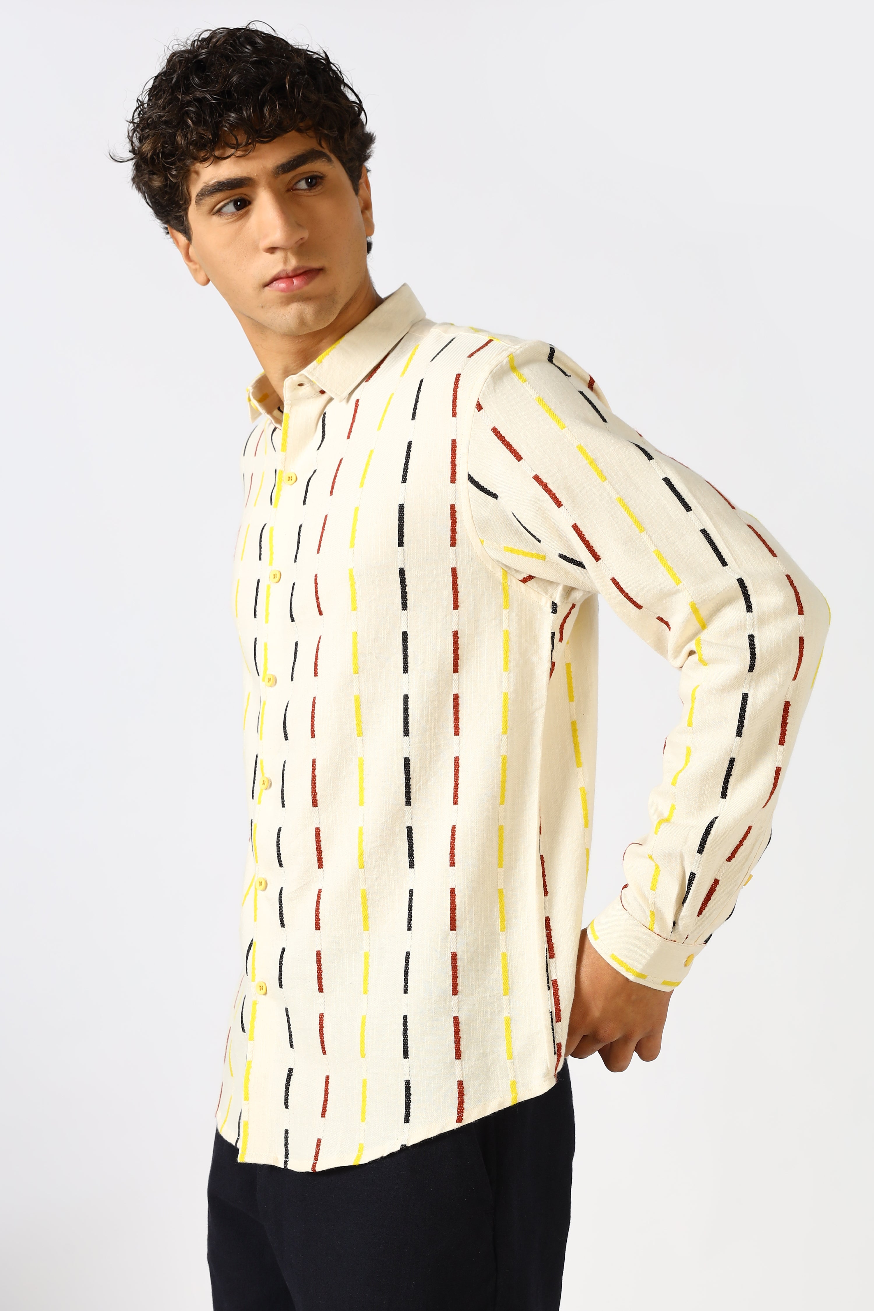 Golden Dash Cotton Regular Fit Cream Striped Shirt