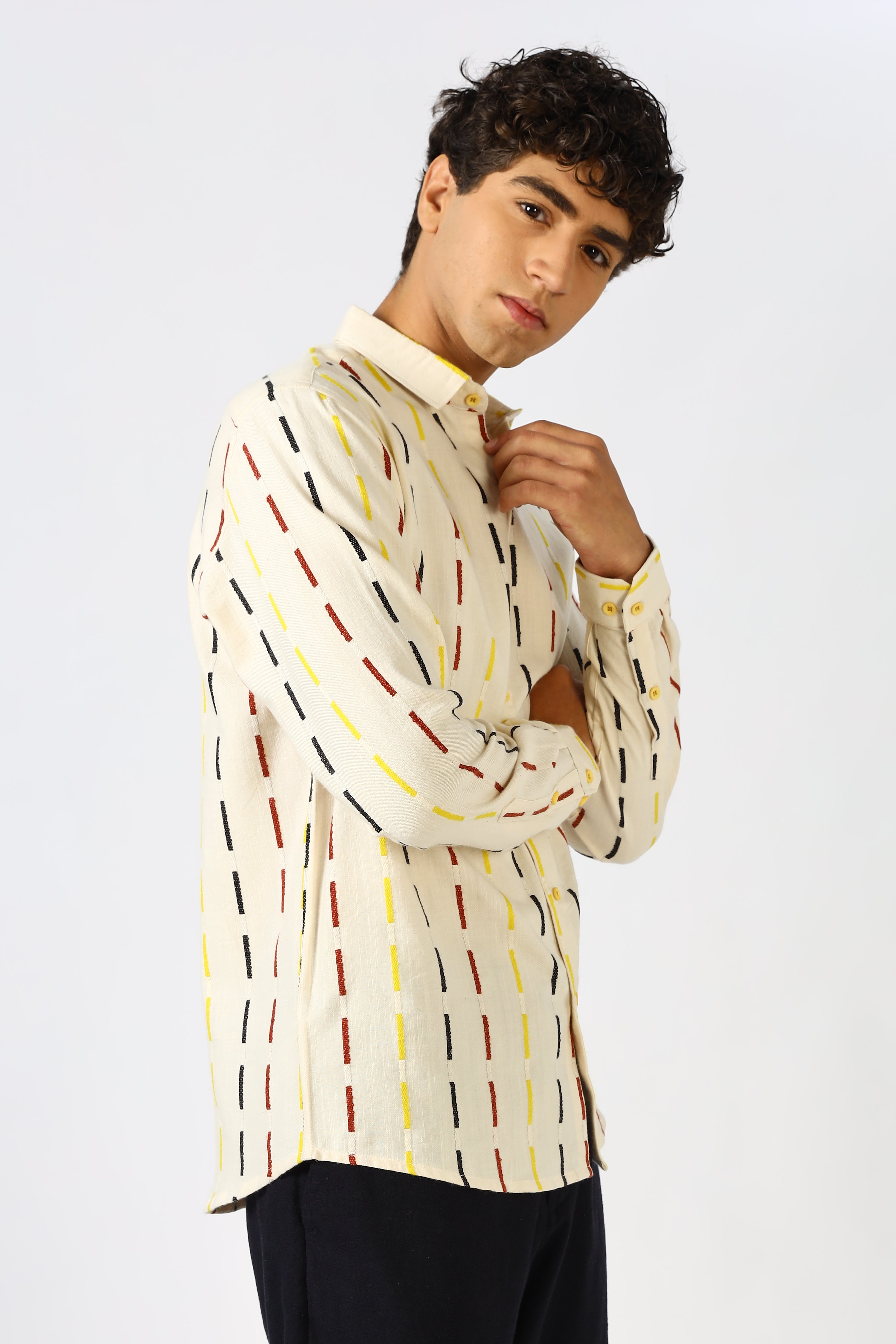 Golden Dash Cotton Regular Fit Cream Striped Shirt