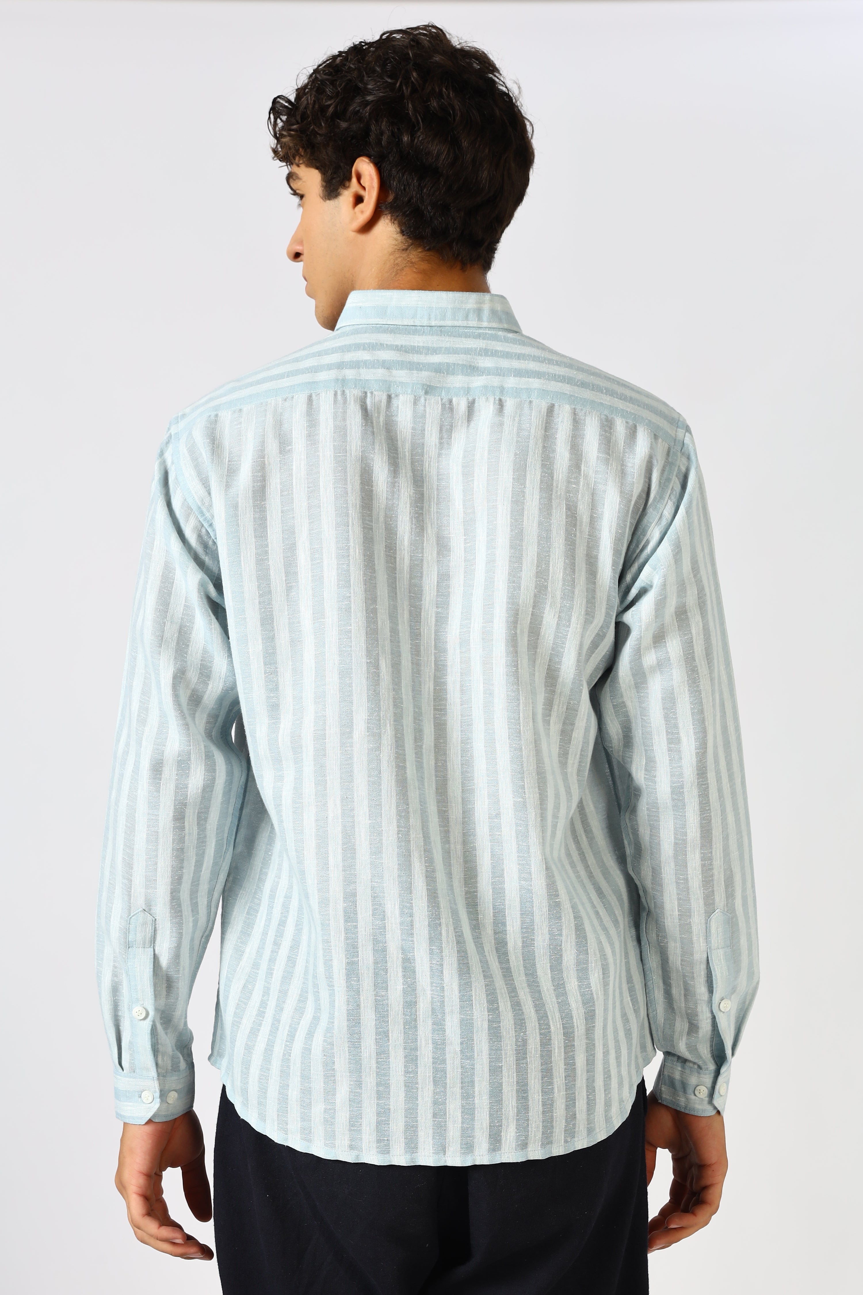 Linen Like 100% Cotton Regular Fit Grey Stripes Shirt