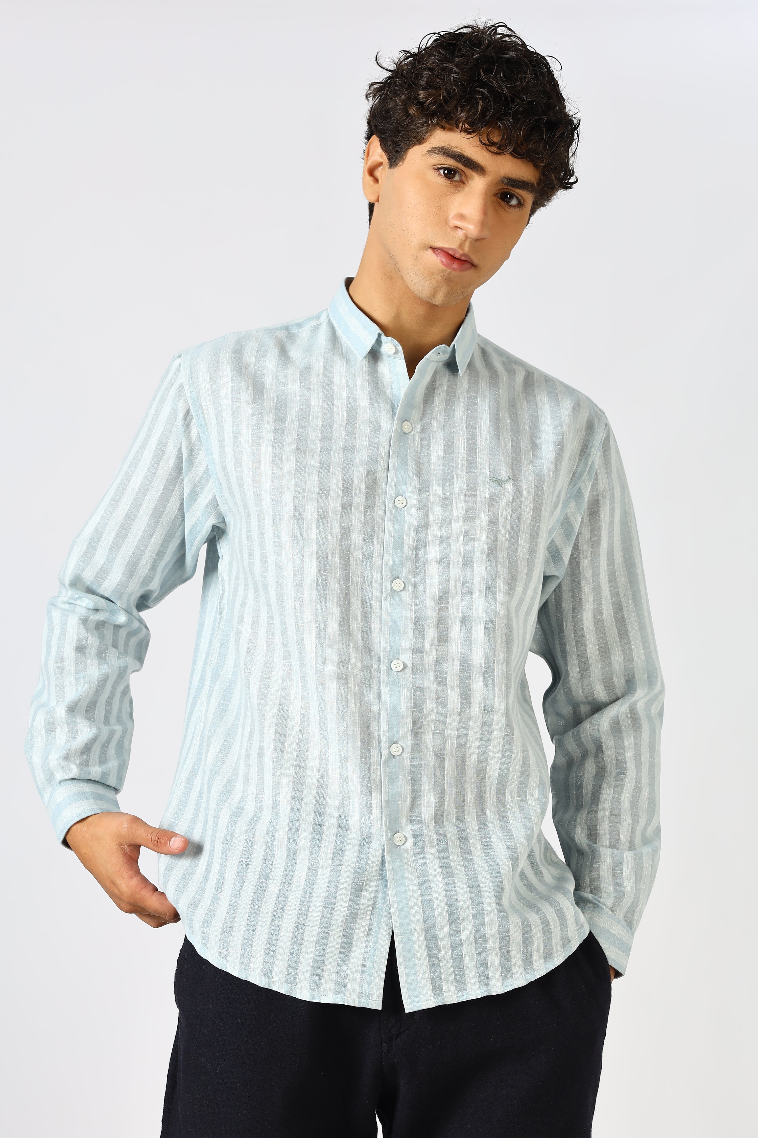 Linen Like 100% Cotton Regular Fit Grey Stripes Shirt