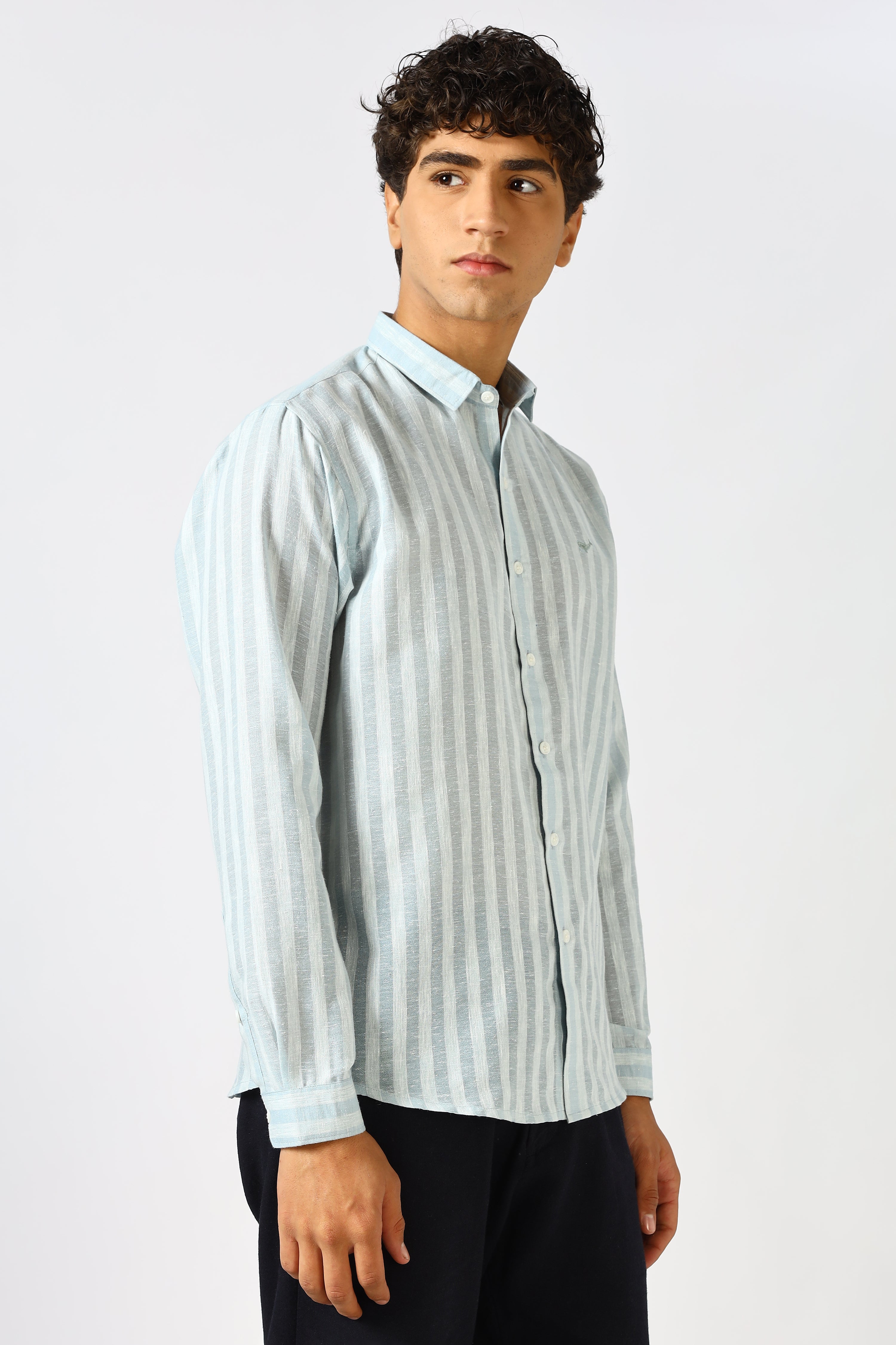 Linen Like 100% Cotton Regular Fit Grey Stripes Shirt