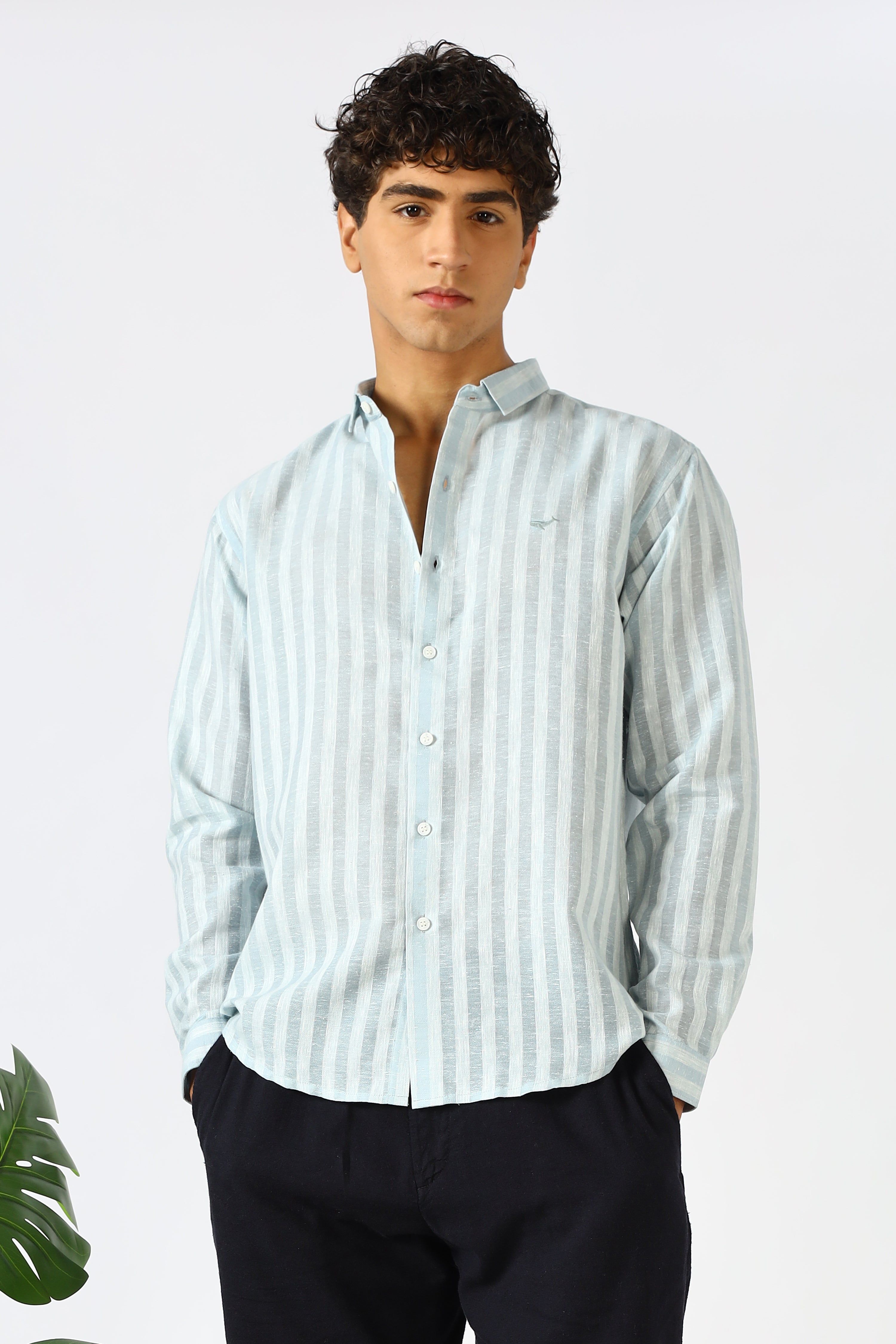 Linen Like 100% Cotton Regular Fit Grey Stripes Shirt