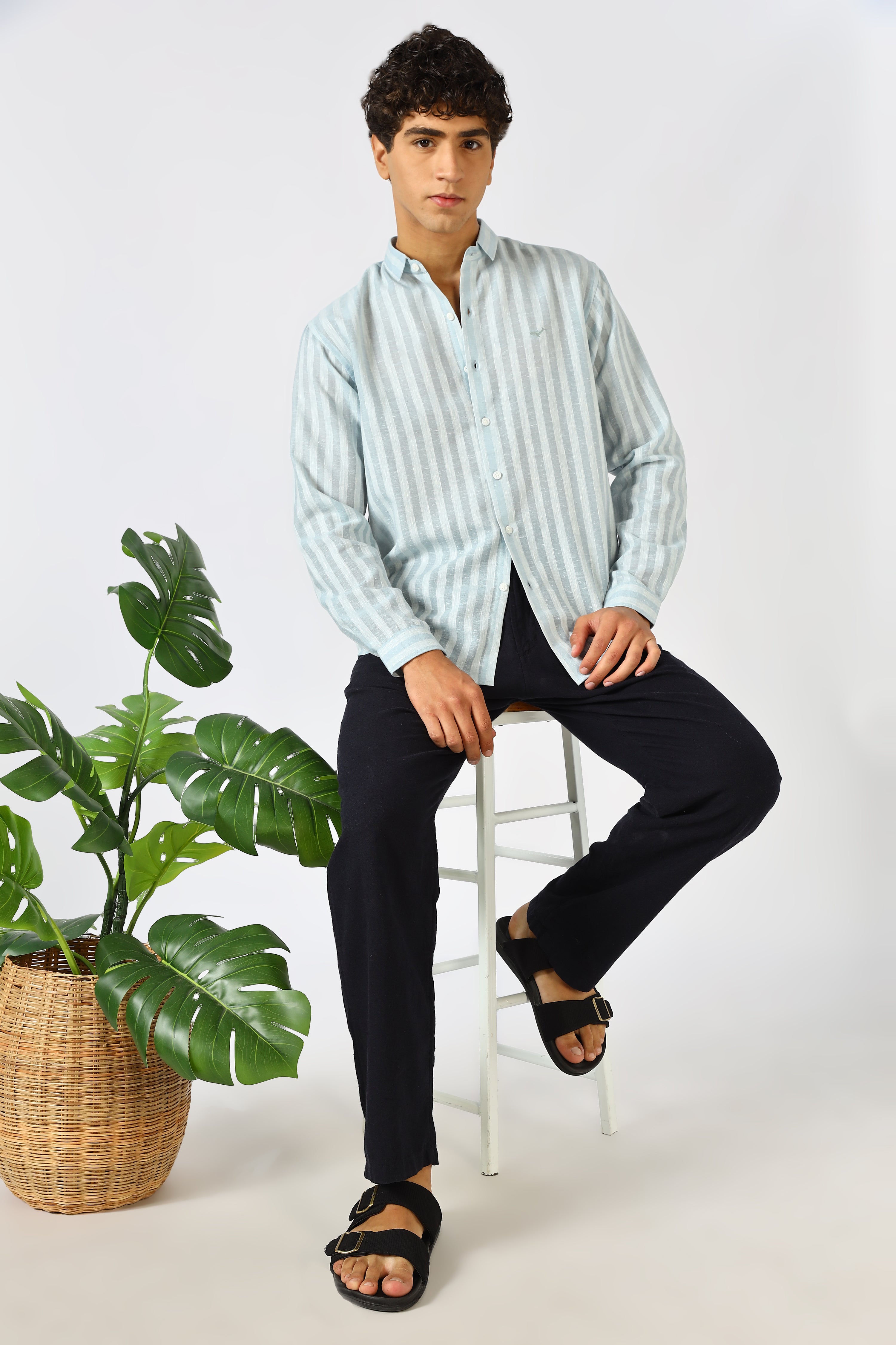Linen Like 100% Cotton Regular Fit Grey Stripes Shirt