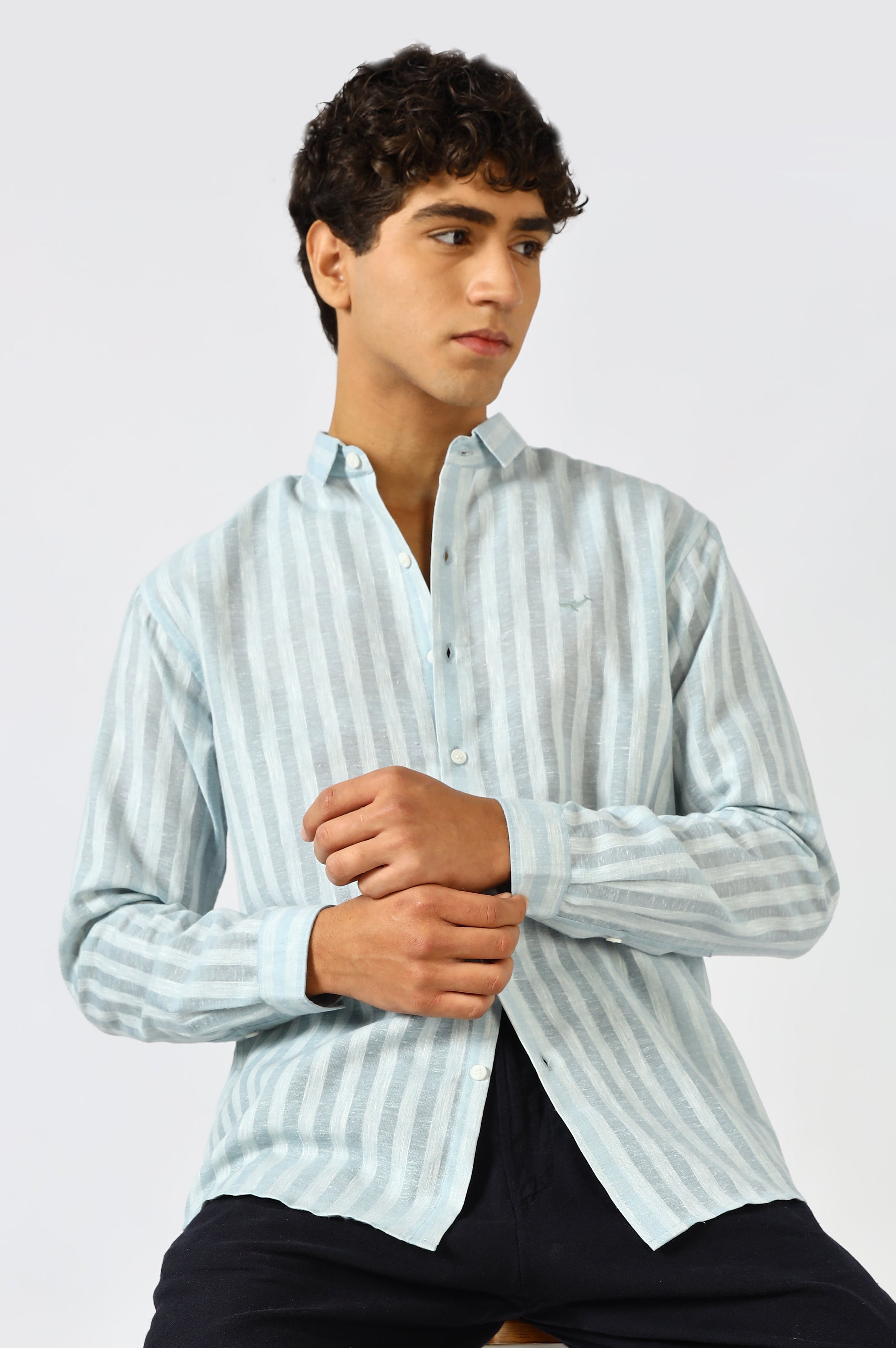 Linen Like 100% Cotton Regular Fit Grey Stripes Shirt