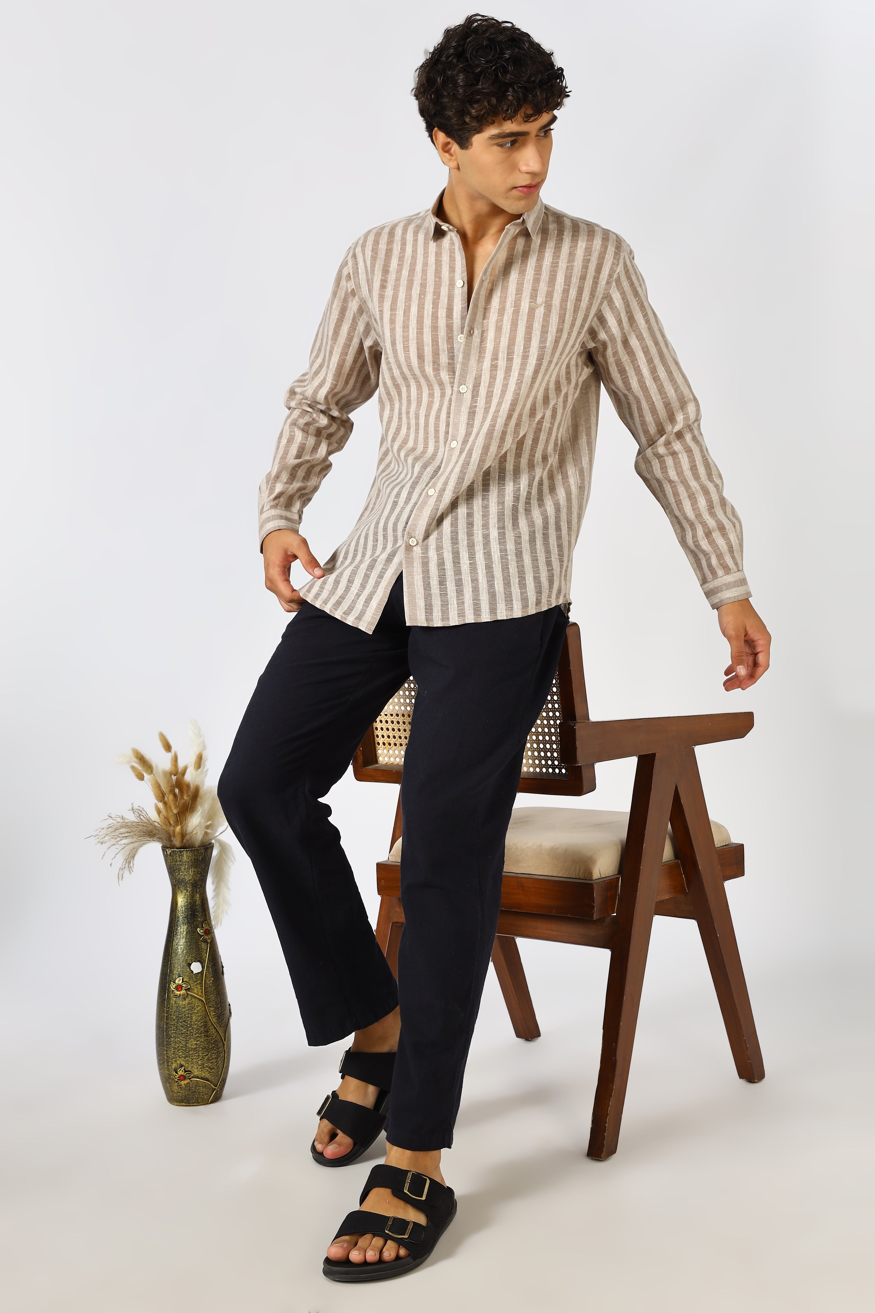 Linen Like 100% Cotton Regular Fit Brown Stripes Shirt