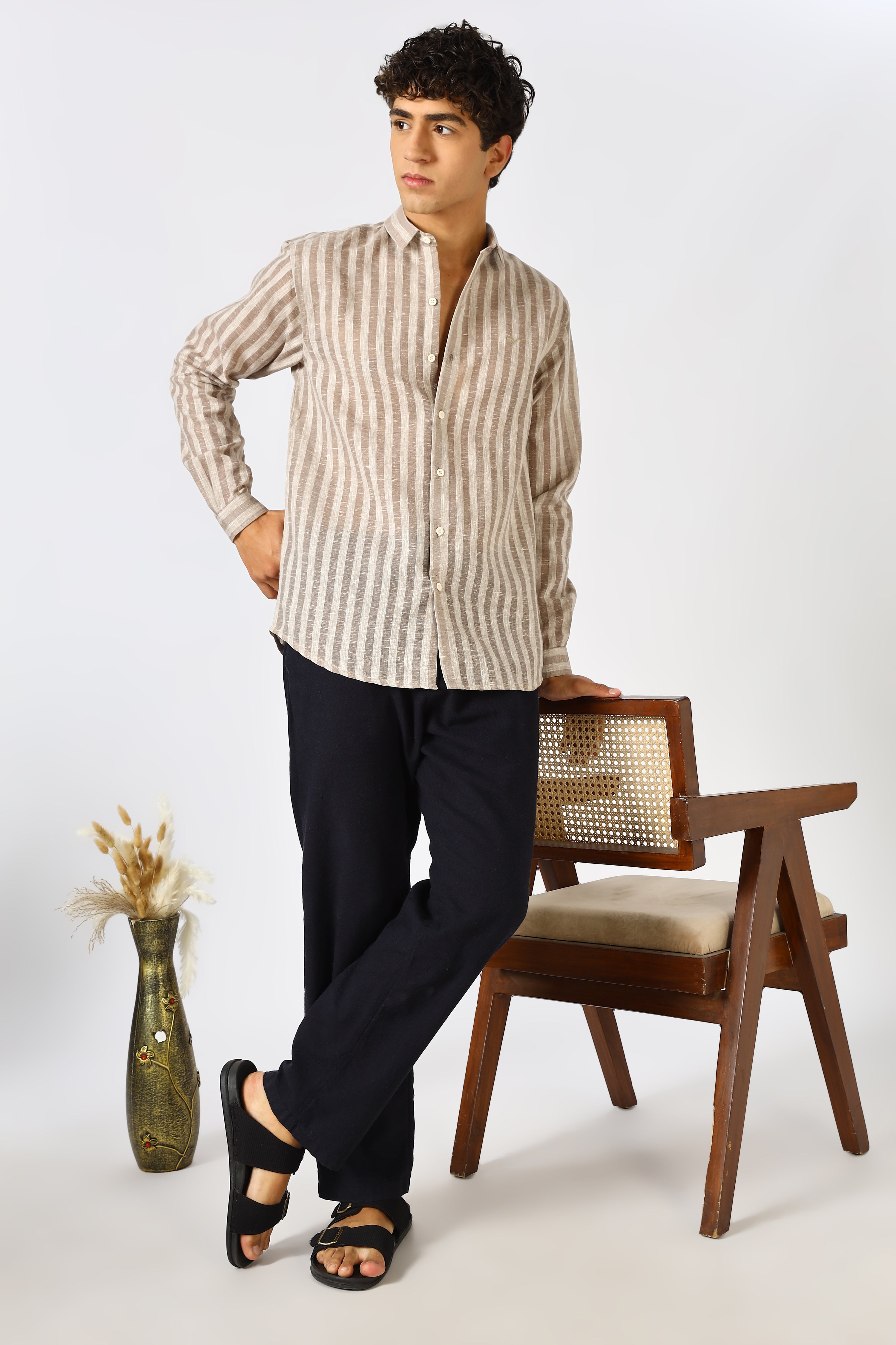 Linen Like 100% Cotton Regular Fit Brown Stripes Shirt