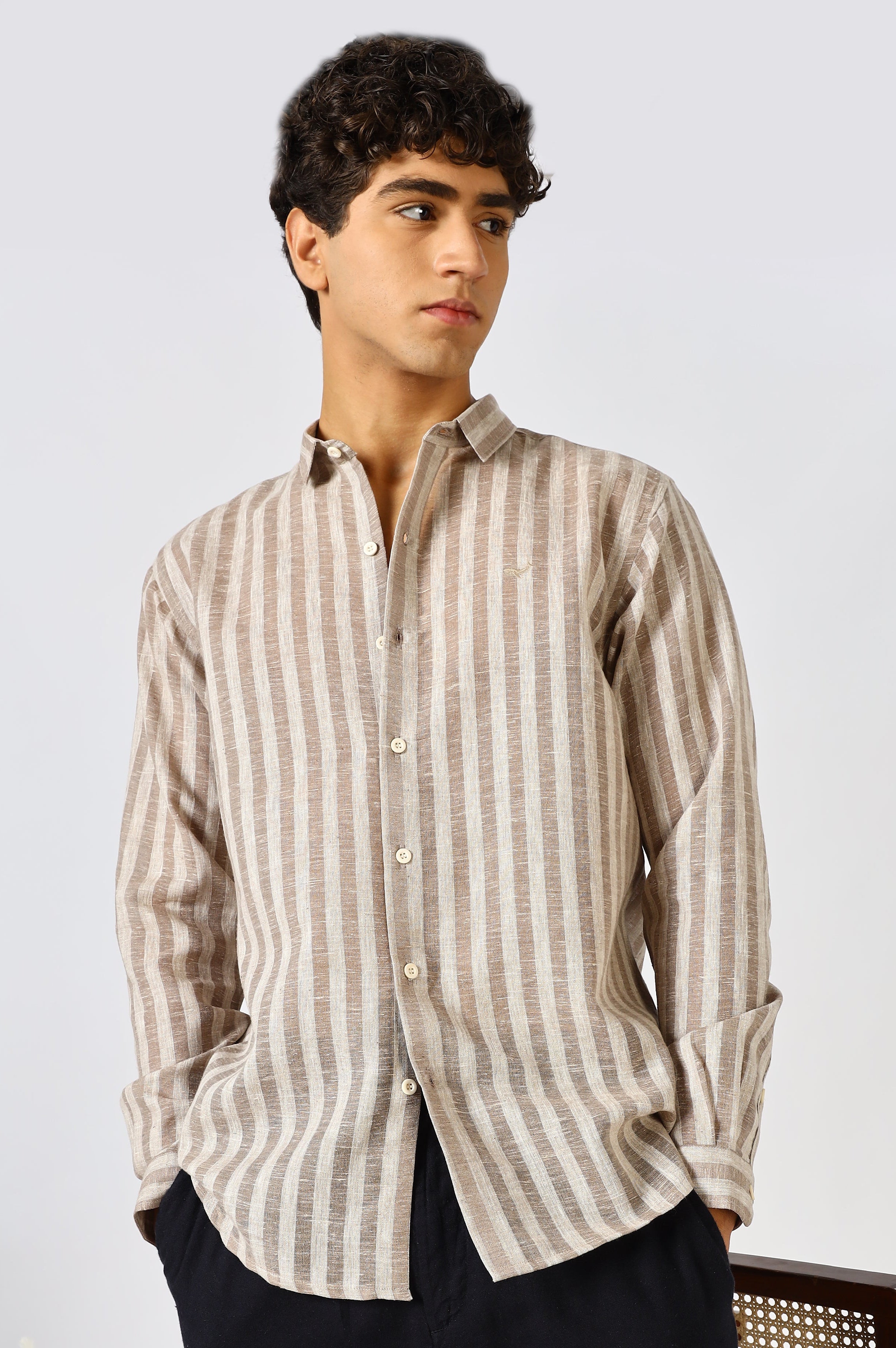 Linen Like 100% Cotton Regular Fit Brown Stripes Shirt
