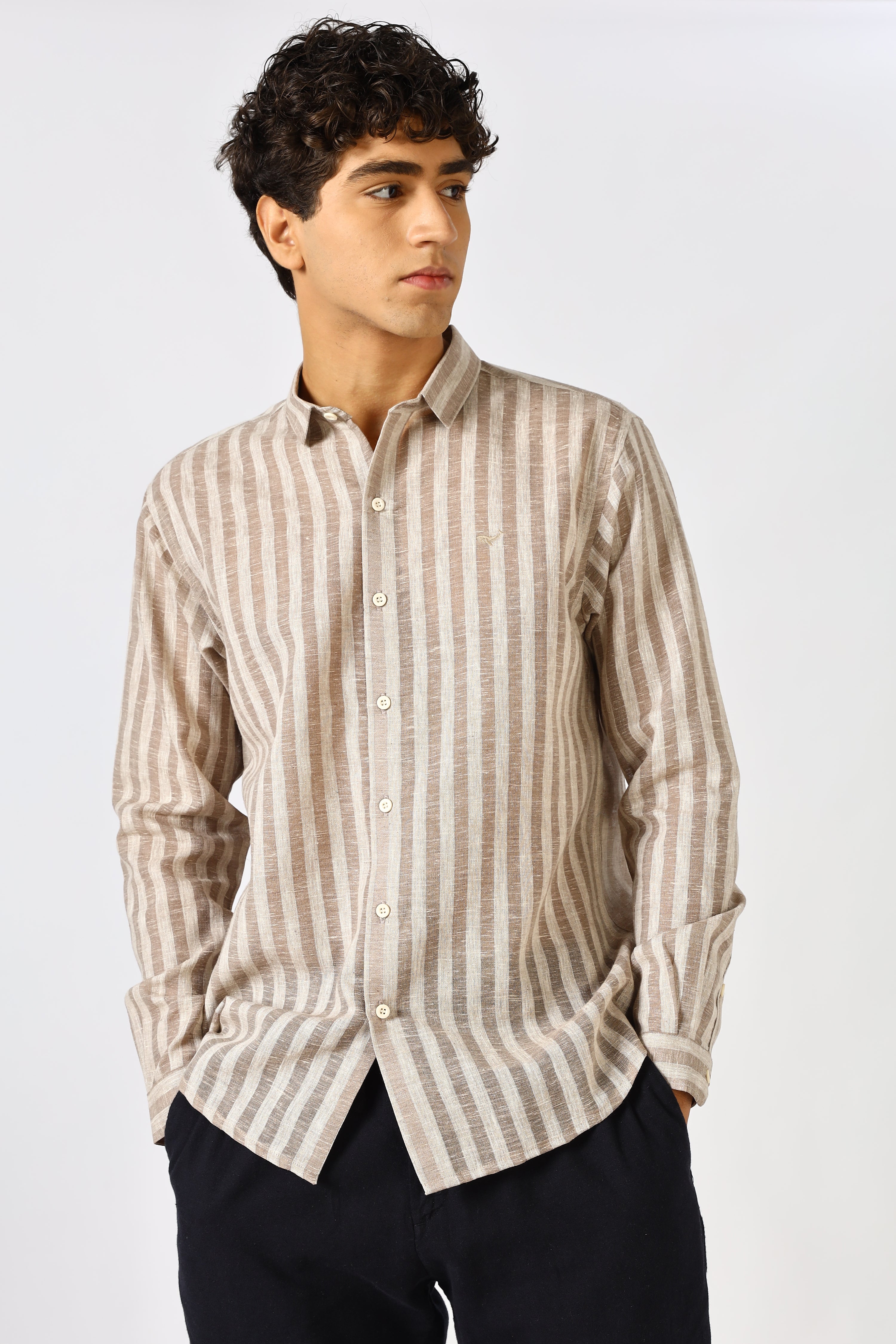 Linen Like 100% Cotton Regular Fit Brown Stripes Shirt