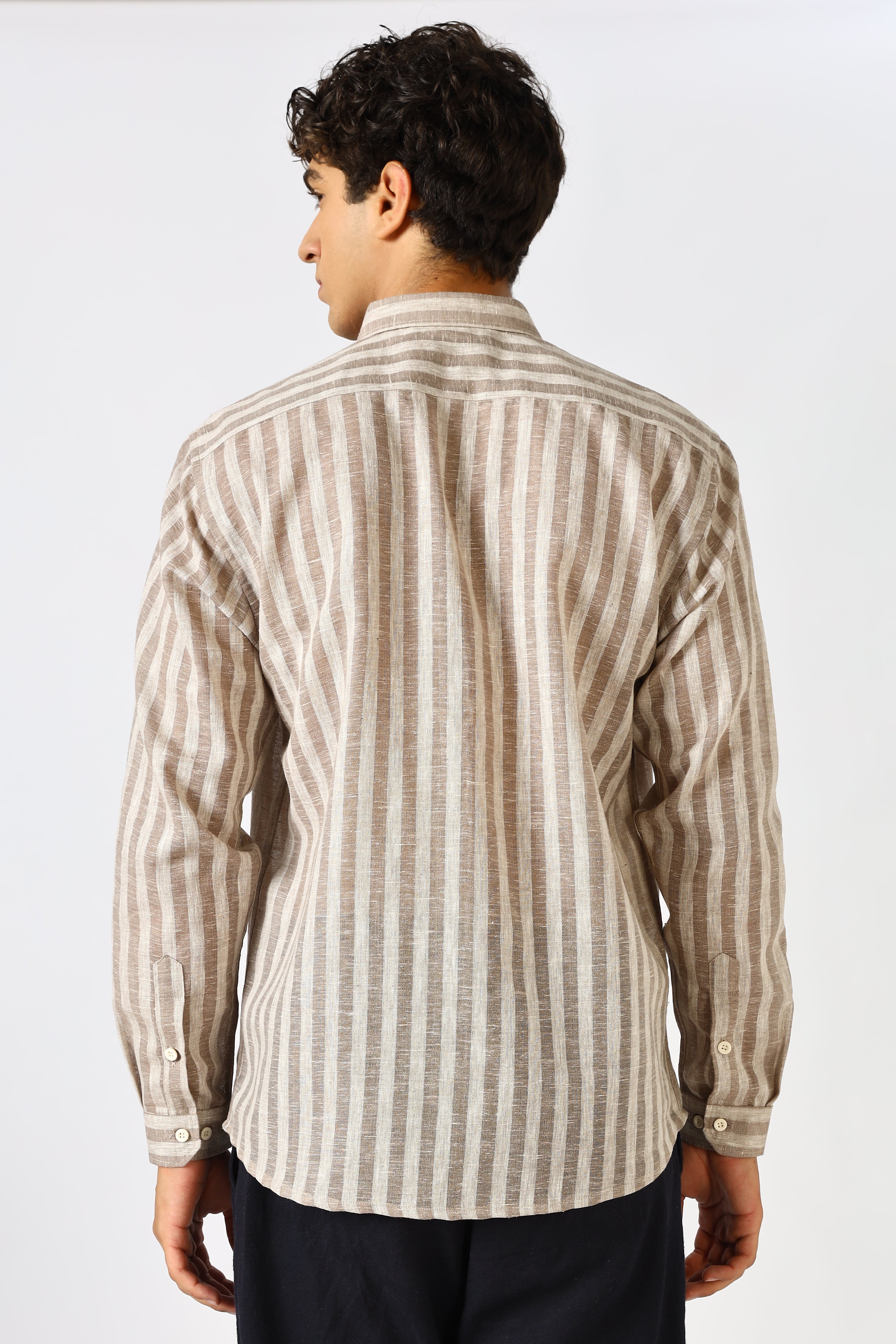 Linen Like 100% Cotton Regular Fit Brown Stripes Shirt