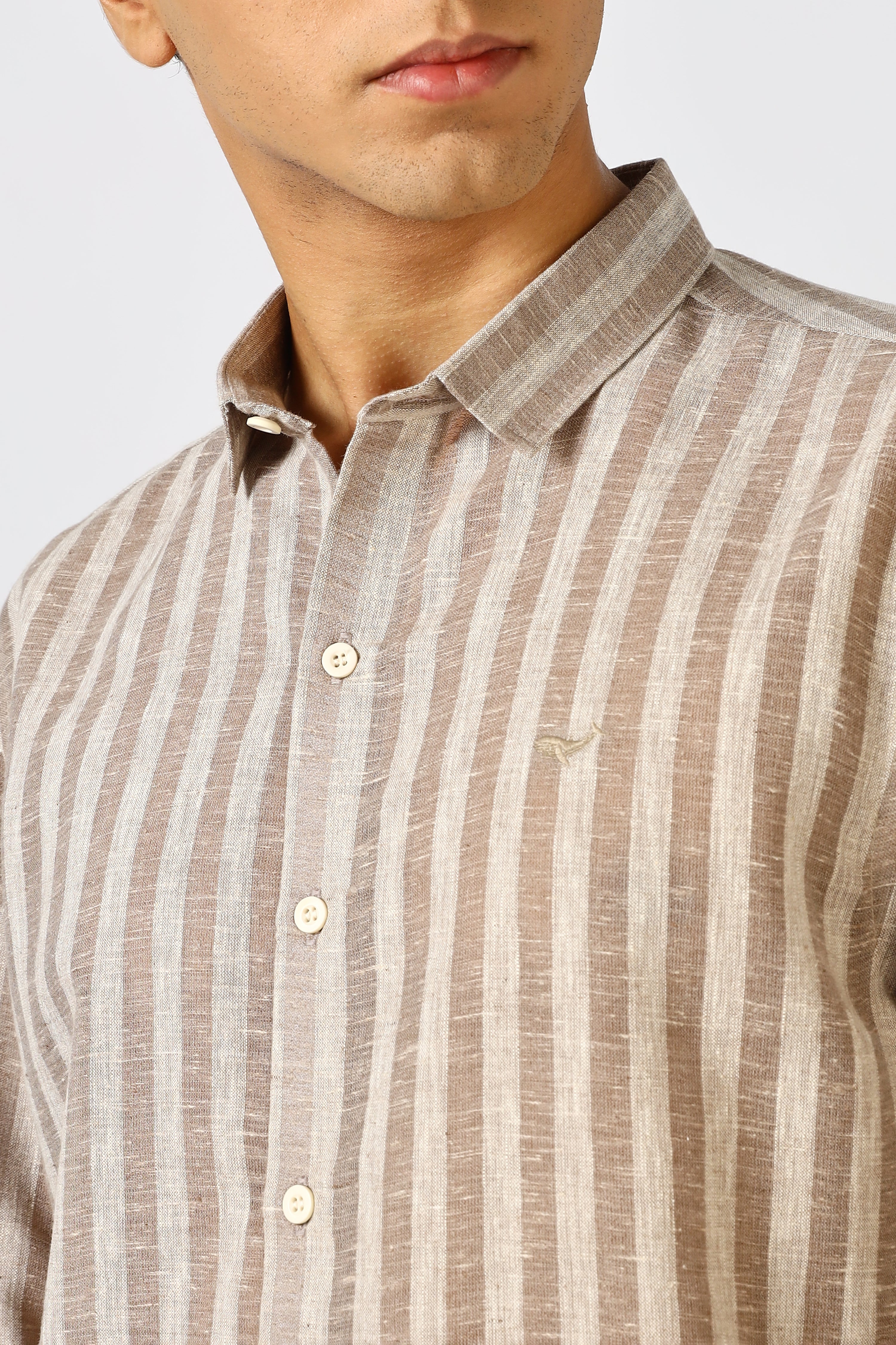 Linen Like 100% Cotton Regular Fit Brown Stripes Shirt
