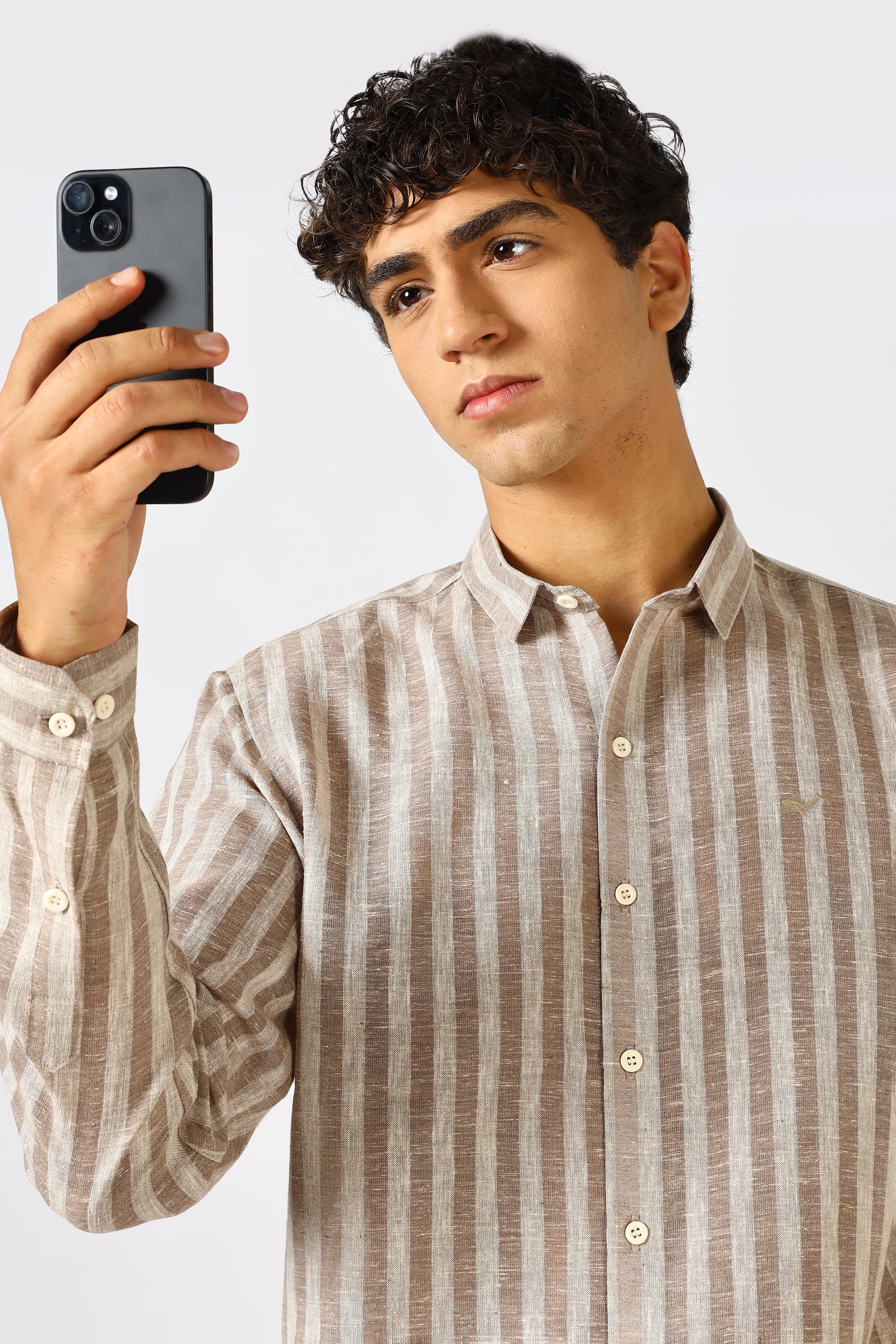 Linen Like 100% Cotton Regular Fit Brown Stripes Shirt