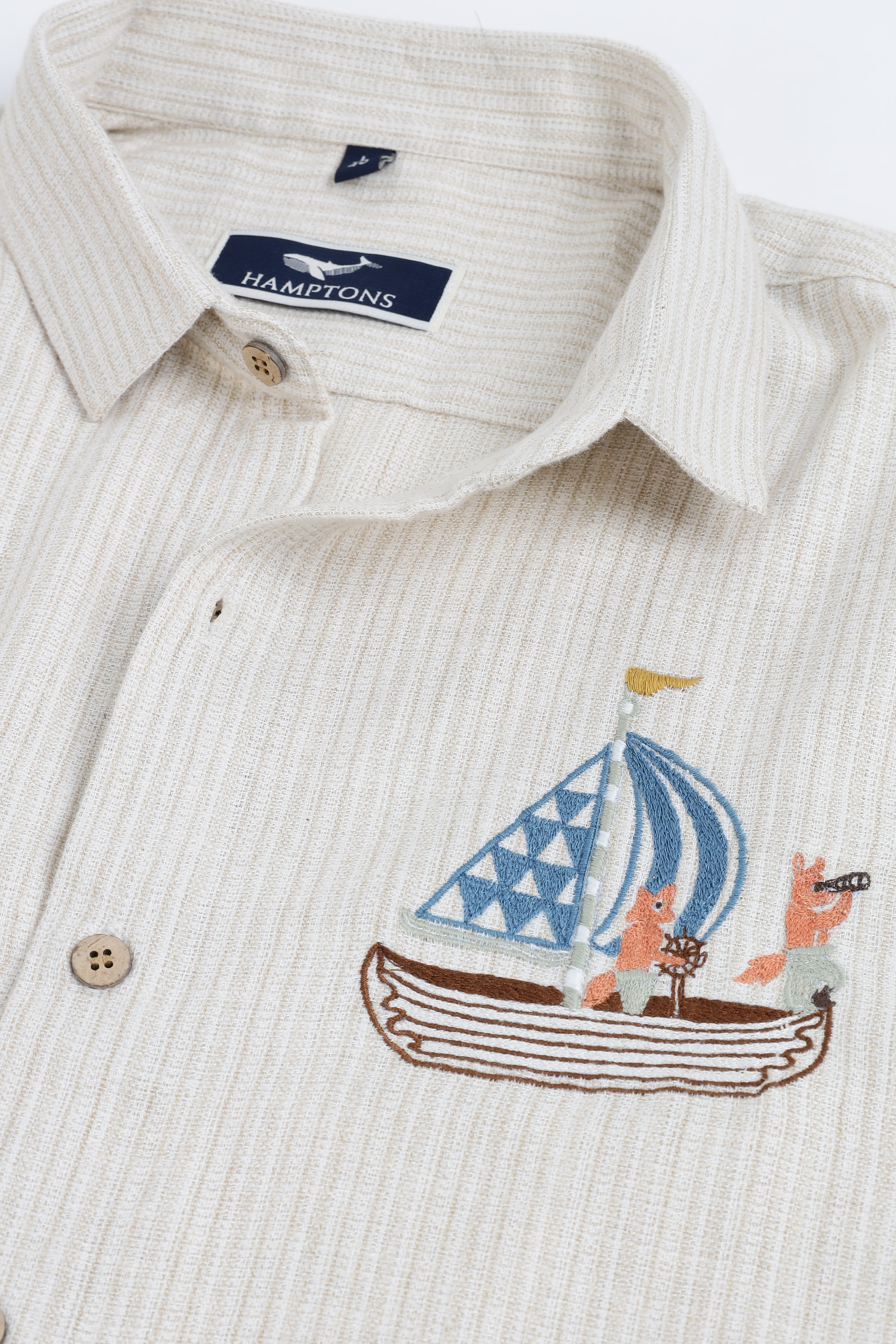 Vasco Da Gama 100% Cotton Regular Fit Beige Embroidered Shirt