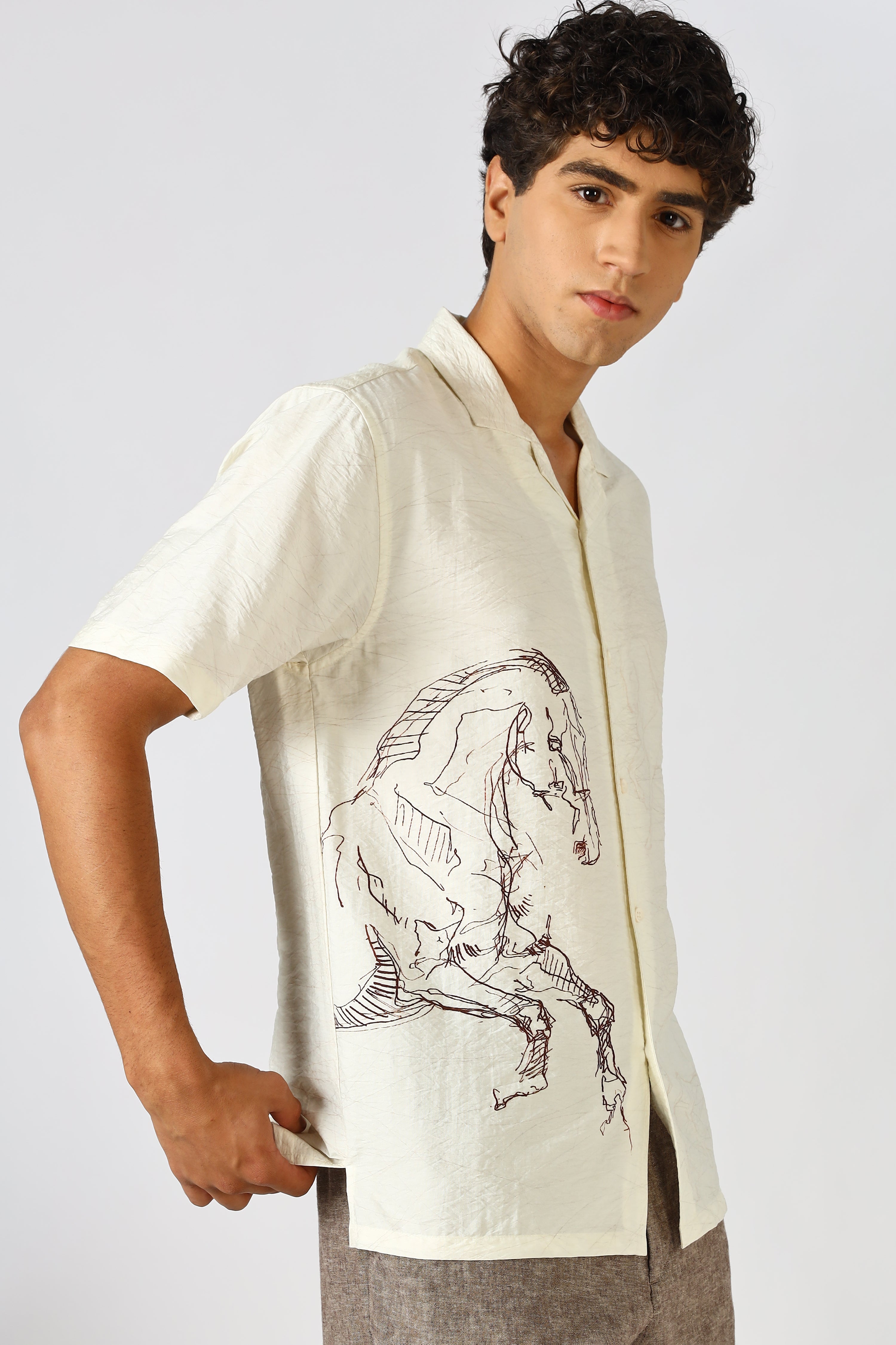 Desert Stallion nylon-viscos Box Fit White Printed Shirt