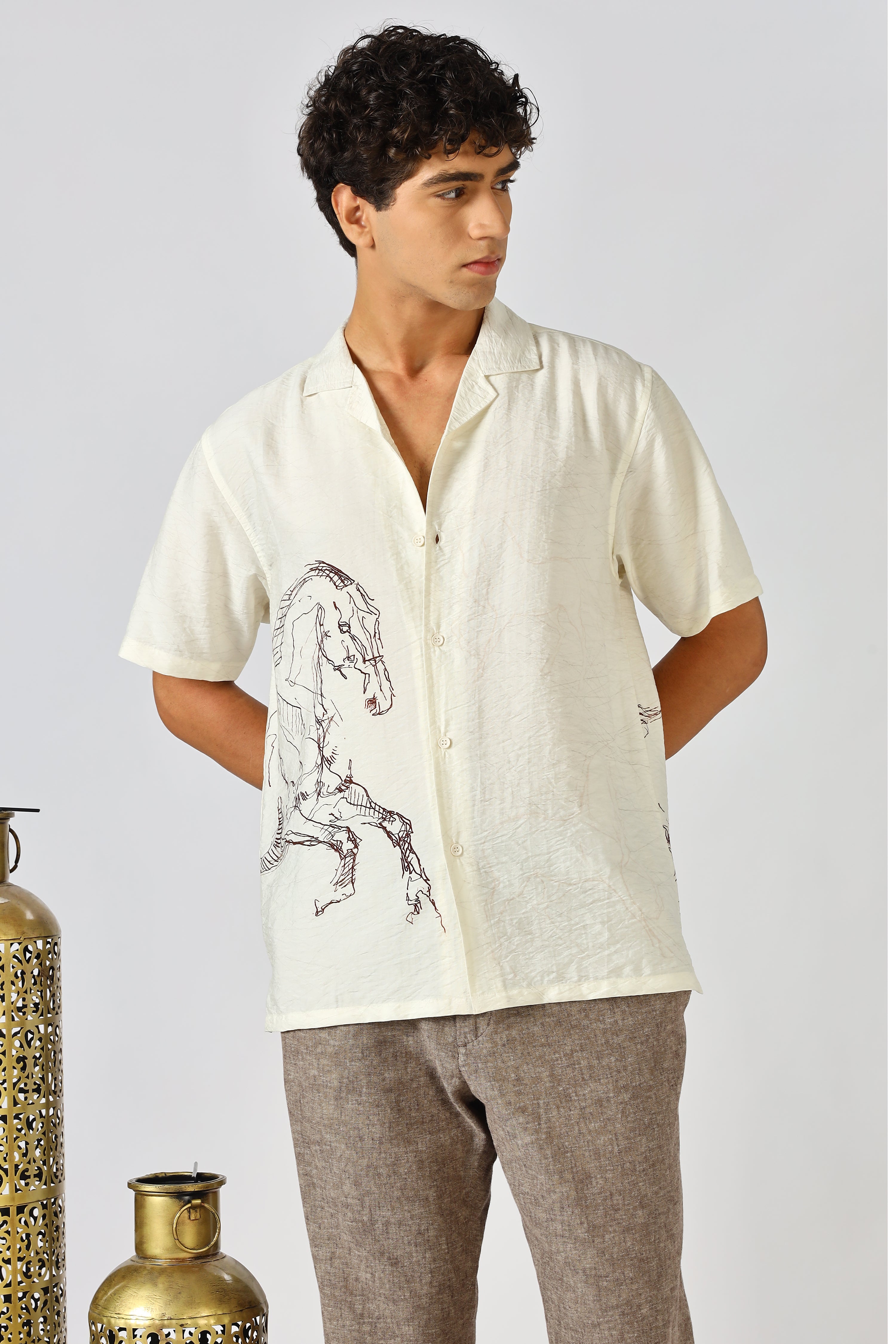 Desert Stallion nylon-viscos Box Fit White Printed Shirt