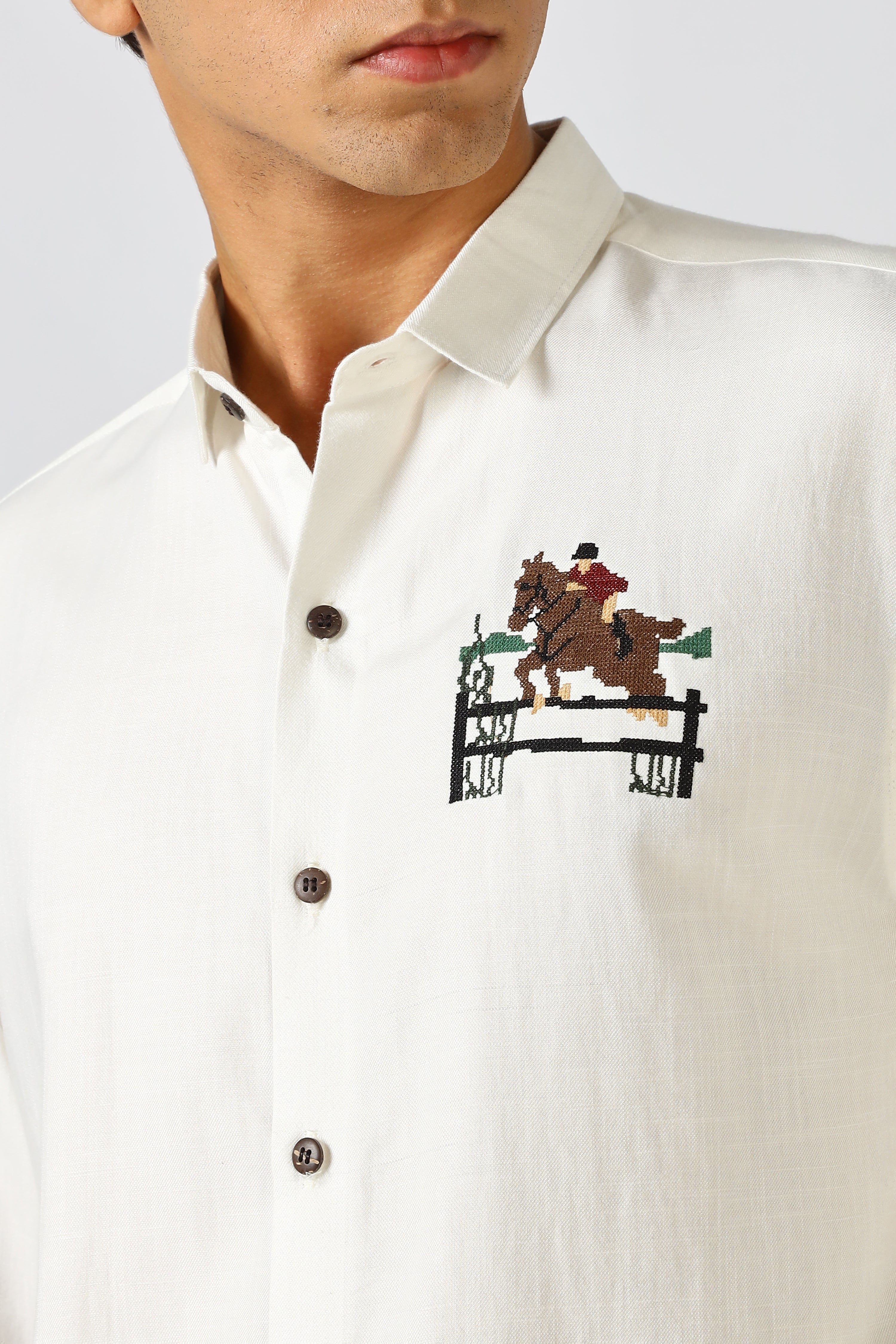 Equestrian Mark Cotton Regular Fit White Embroidered Shirt