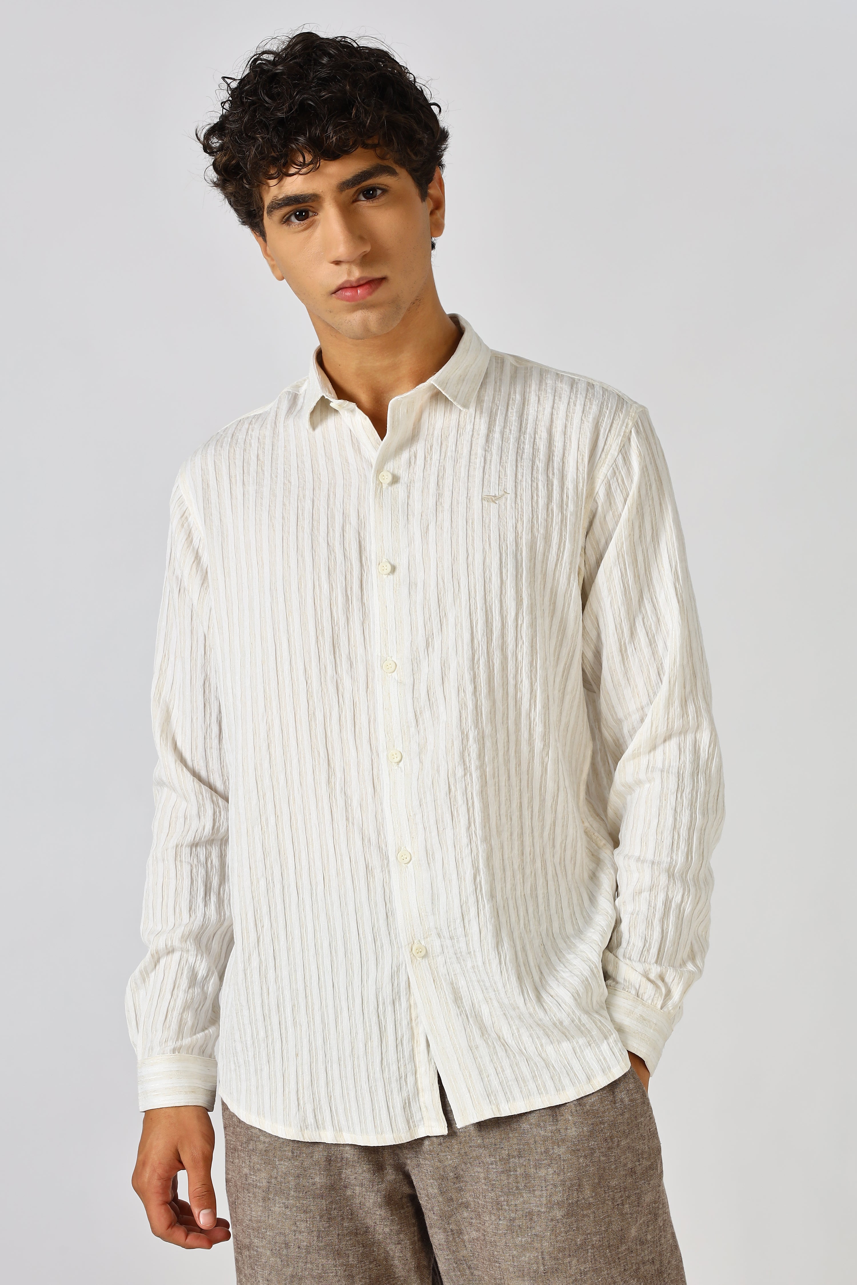 Milan Beige Seersucker Striped Essential Shirt