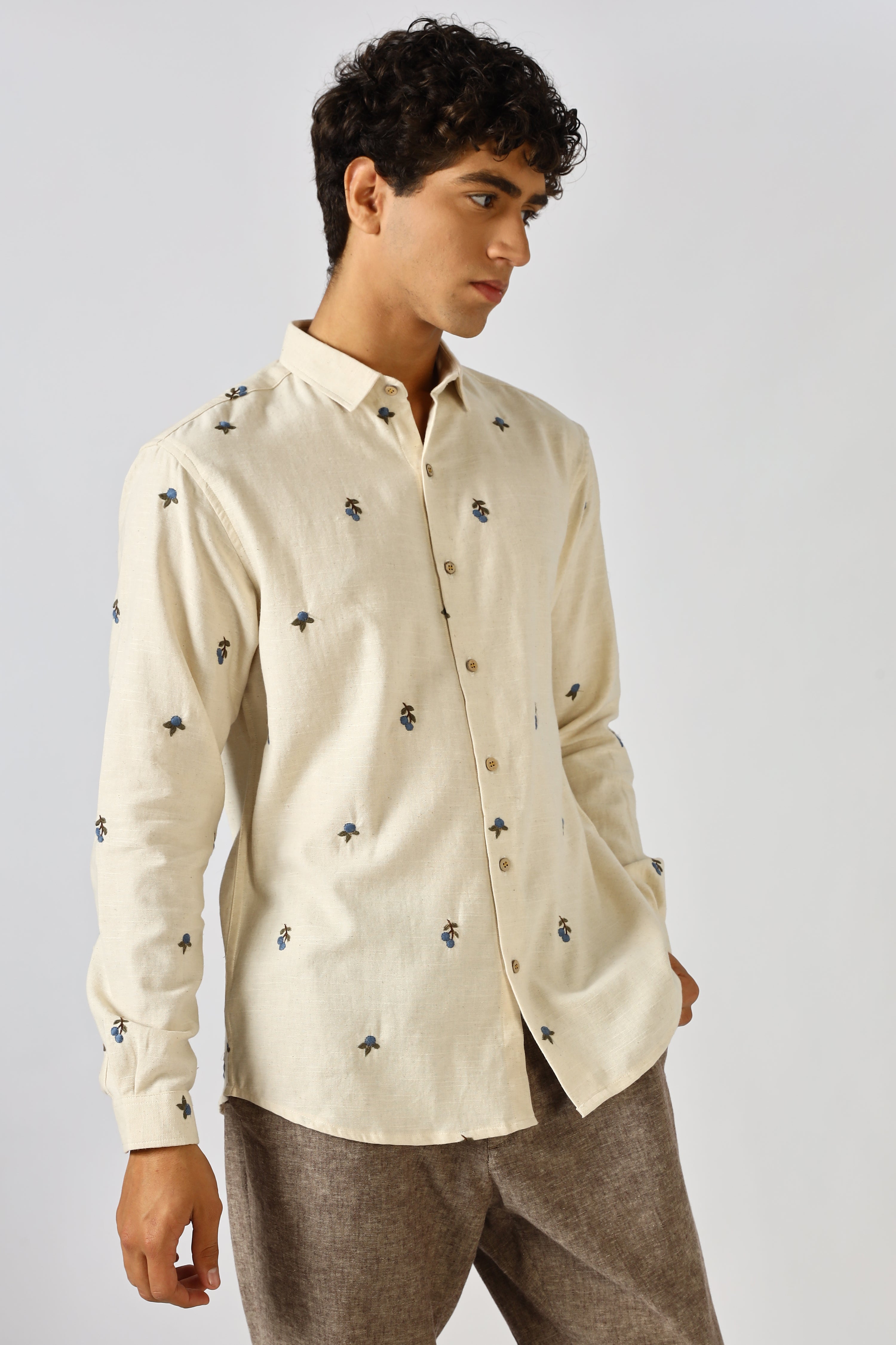 Ivory Blueberry Beige Embroidered Shirt