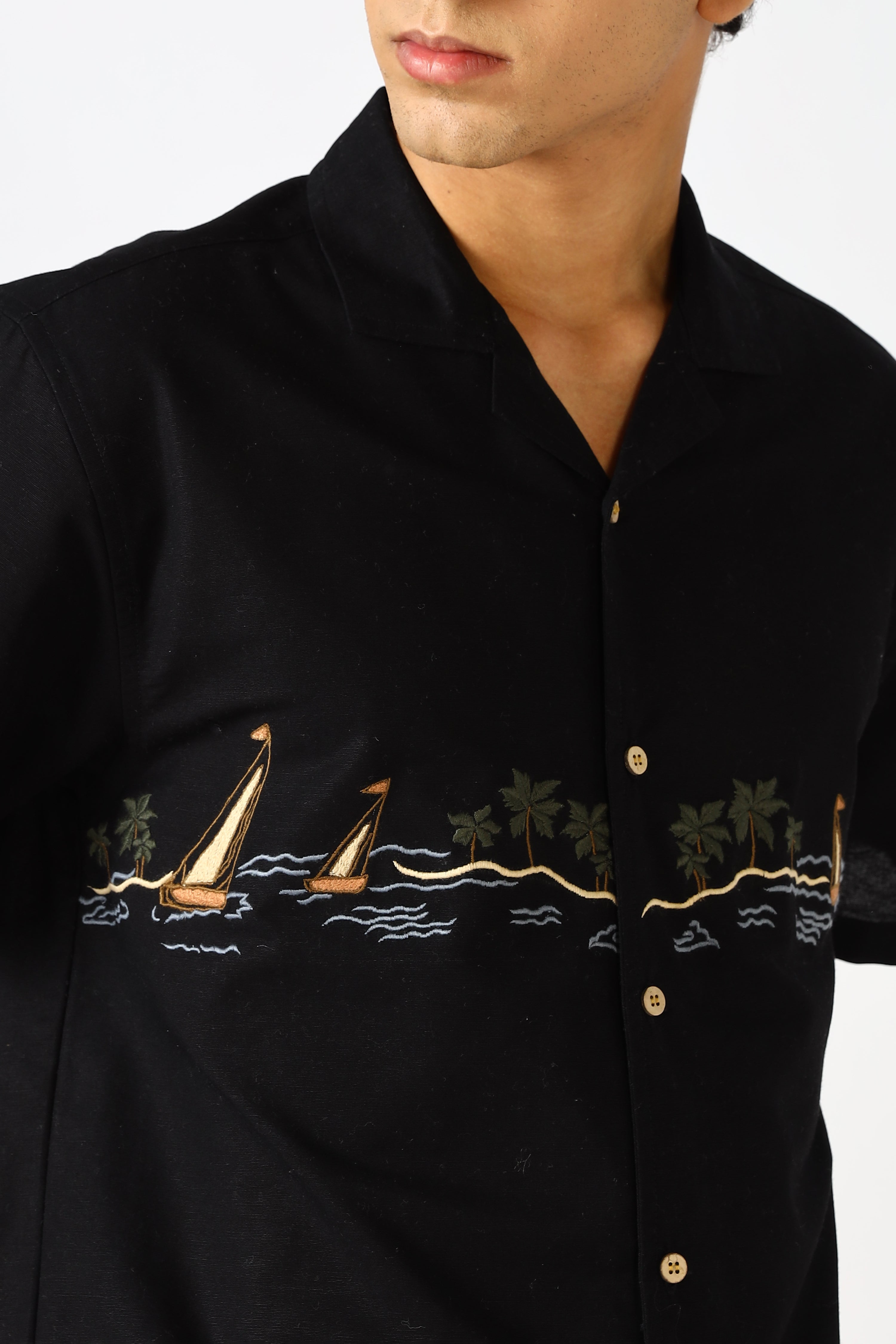 Seabreeze Voyage Cotton Box Fit Black Embroidered Shirt