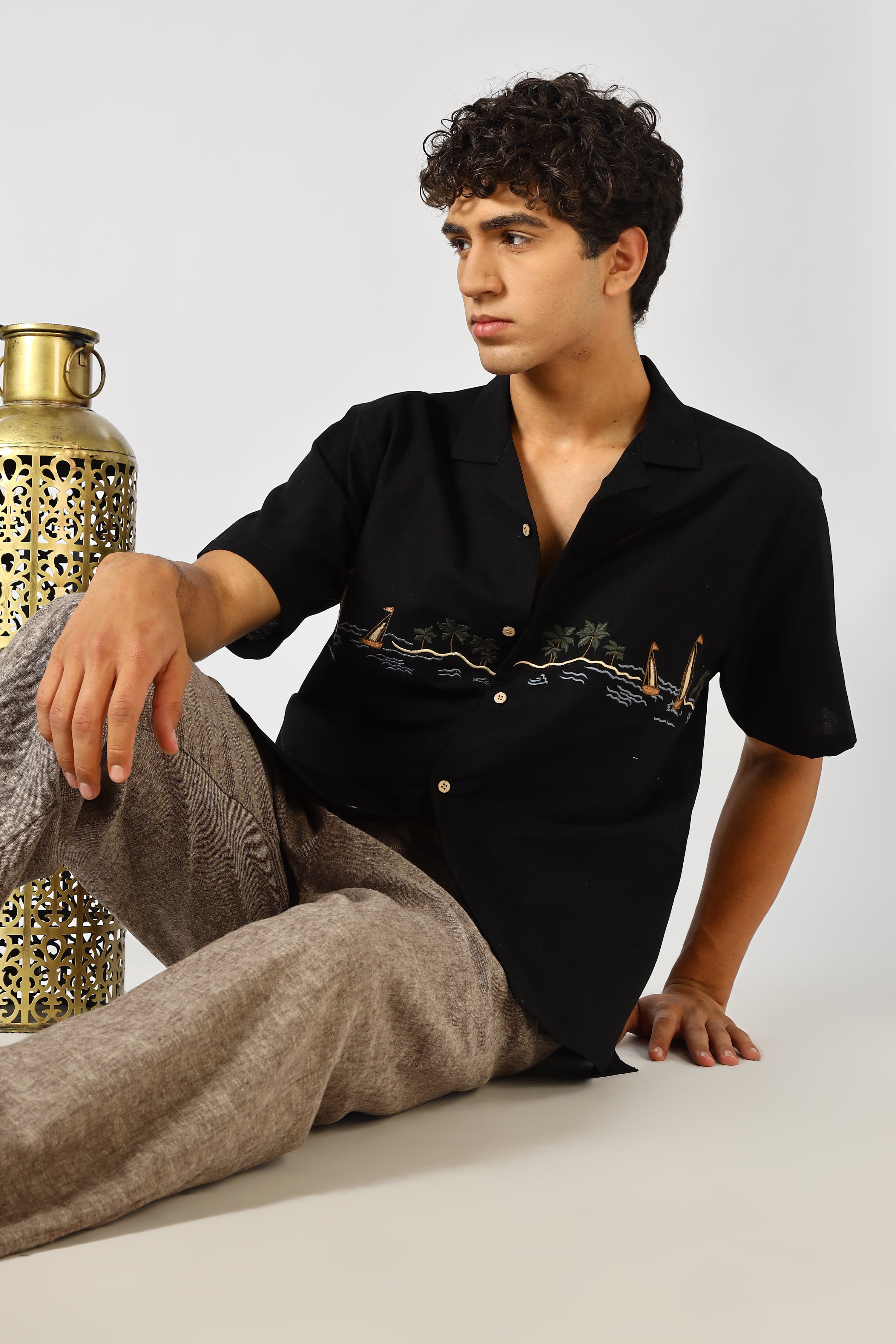 Seabreeze Voyage Cotton Box Fit Black Embroidered Shirt
