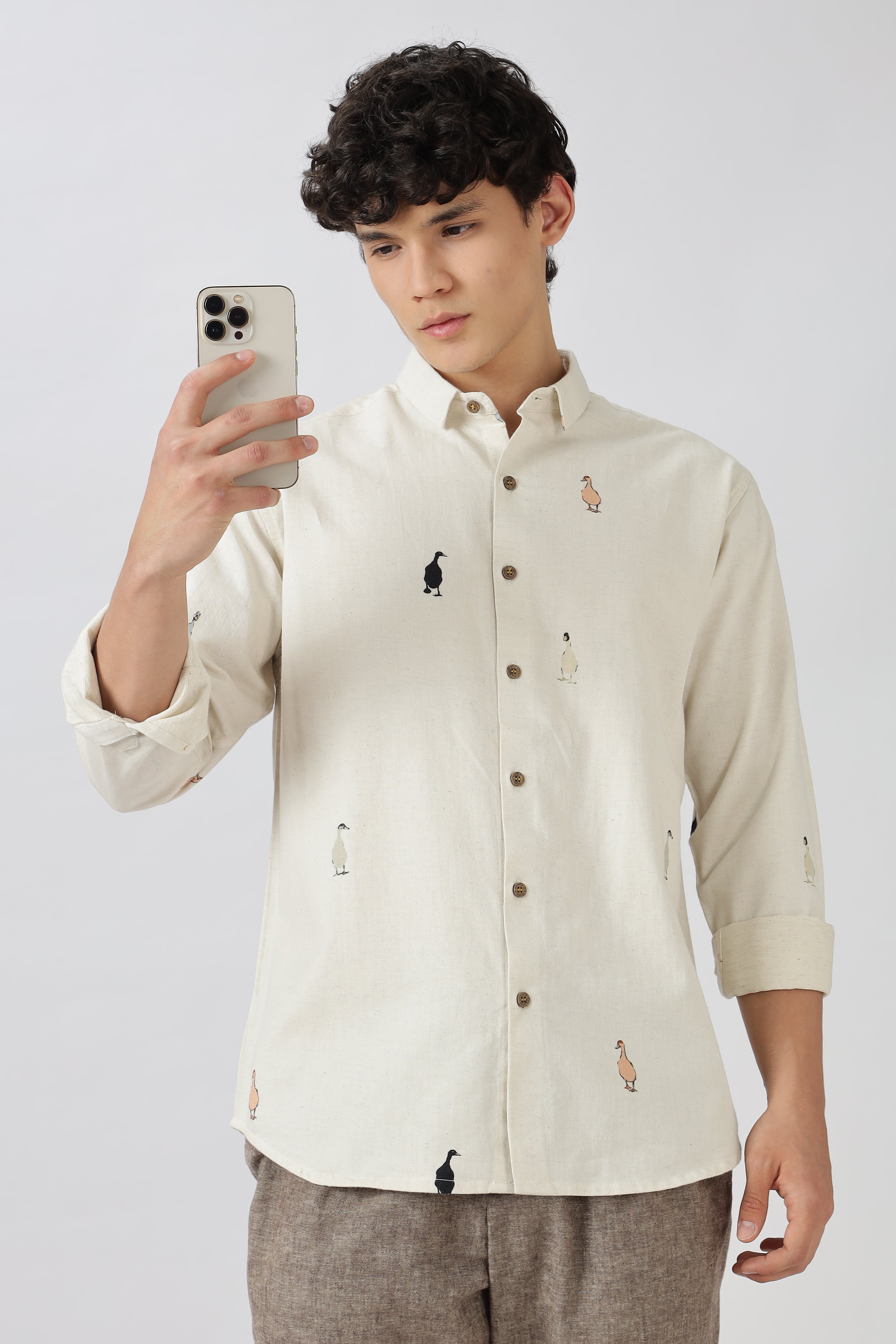 Wandering Ducks Theory Cotton Regular Fit Beige Printed Shirt