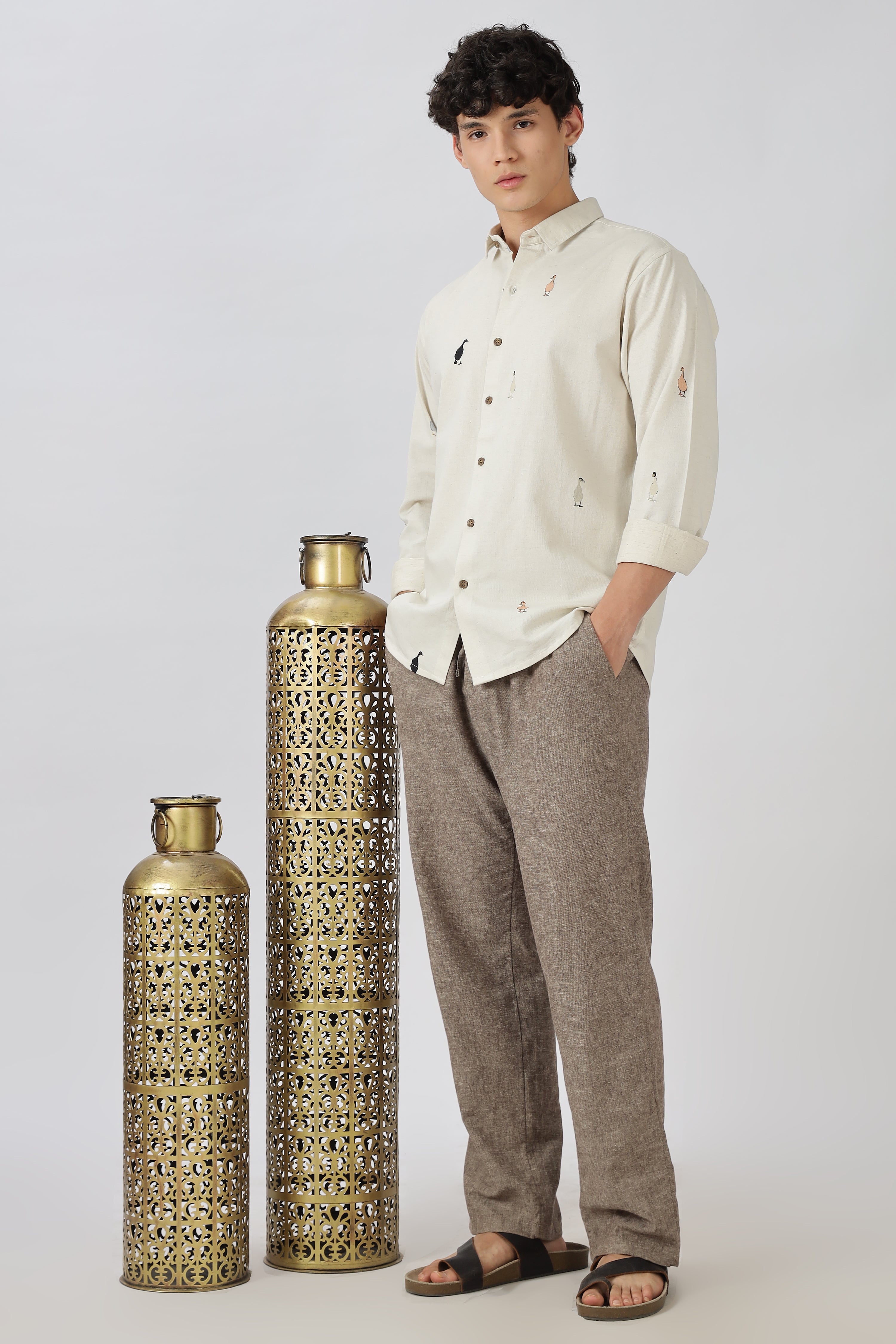 Wandering Ducks Theory Cotton Regular Fit Beige Printed Shirt