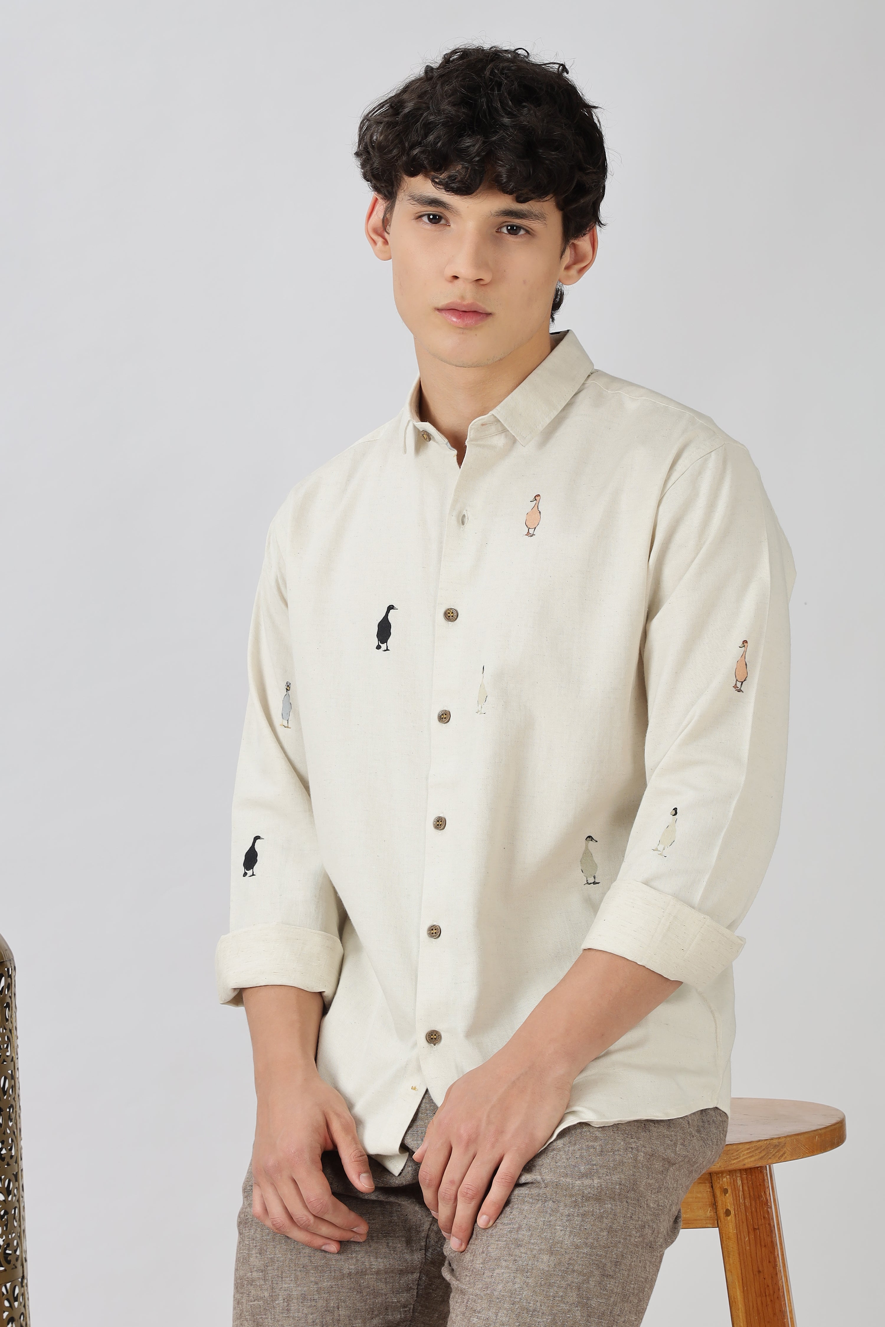 Wandering Ducks Theory Cotton Regular Fit Beige Printed Shirt