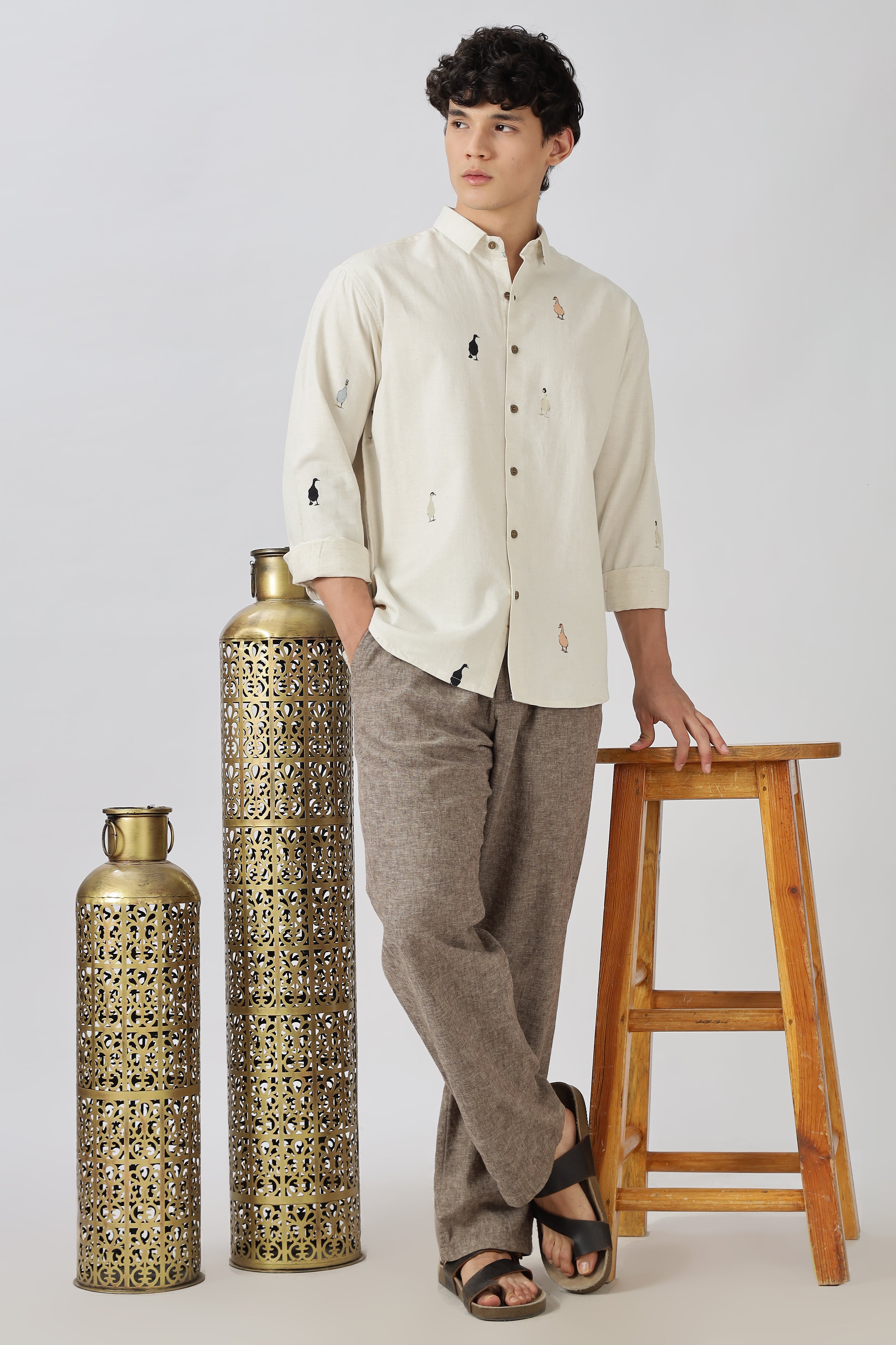 Wandering Ducks Theory Cotton Regular Fit Beige Printed Shirt