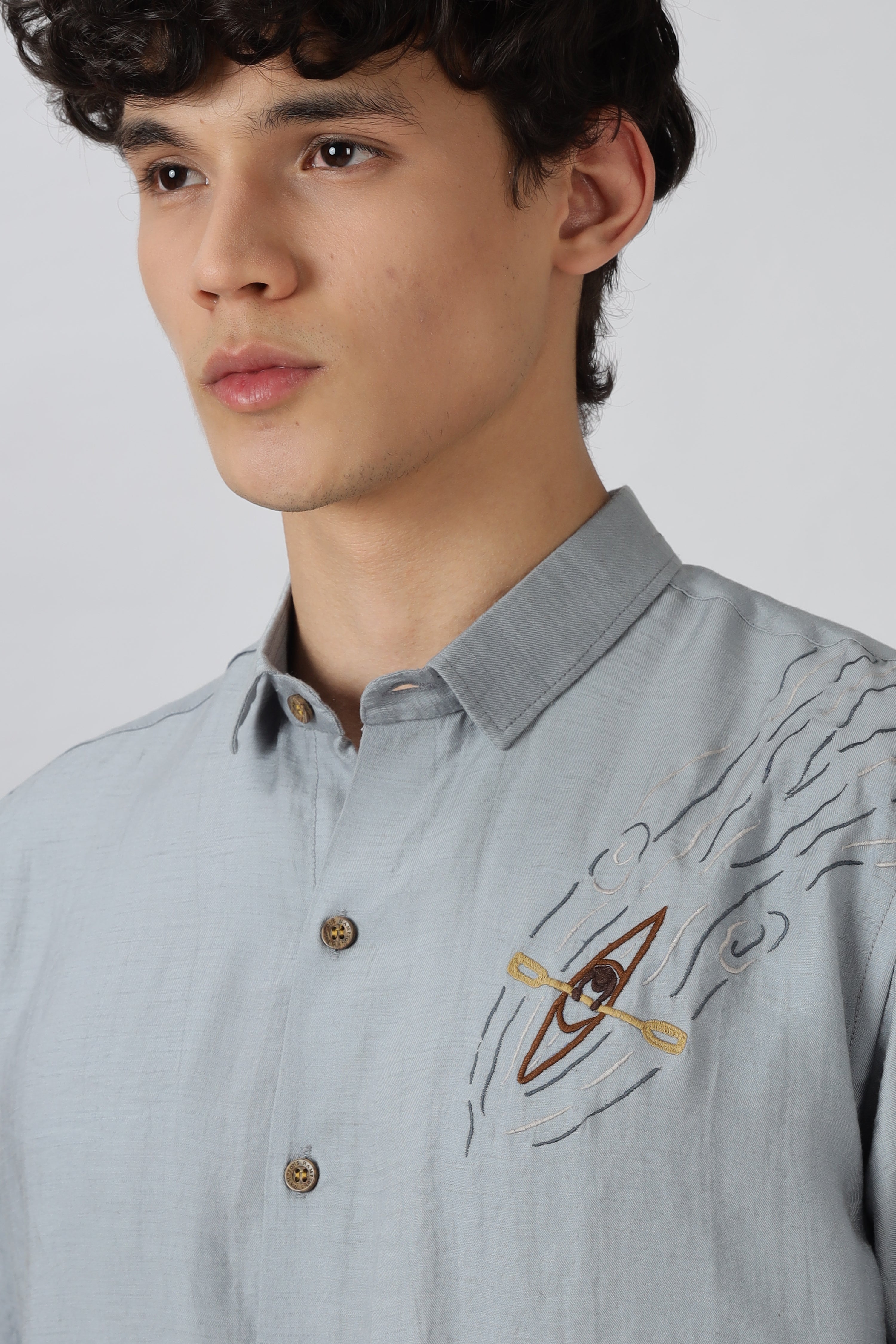 Driftwood Kayak Cotton Regular Fit Pool Blue Embroidered Shirt