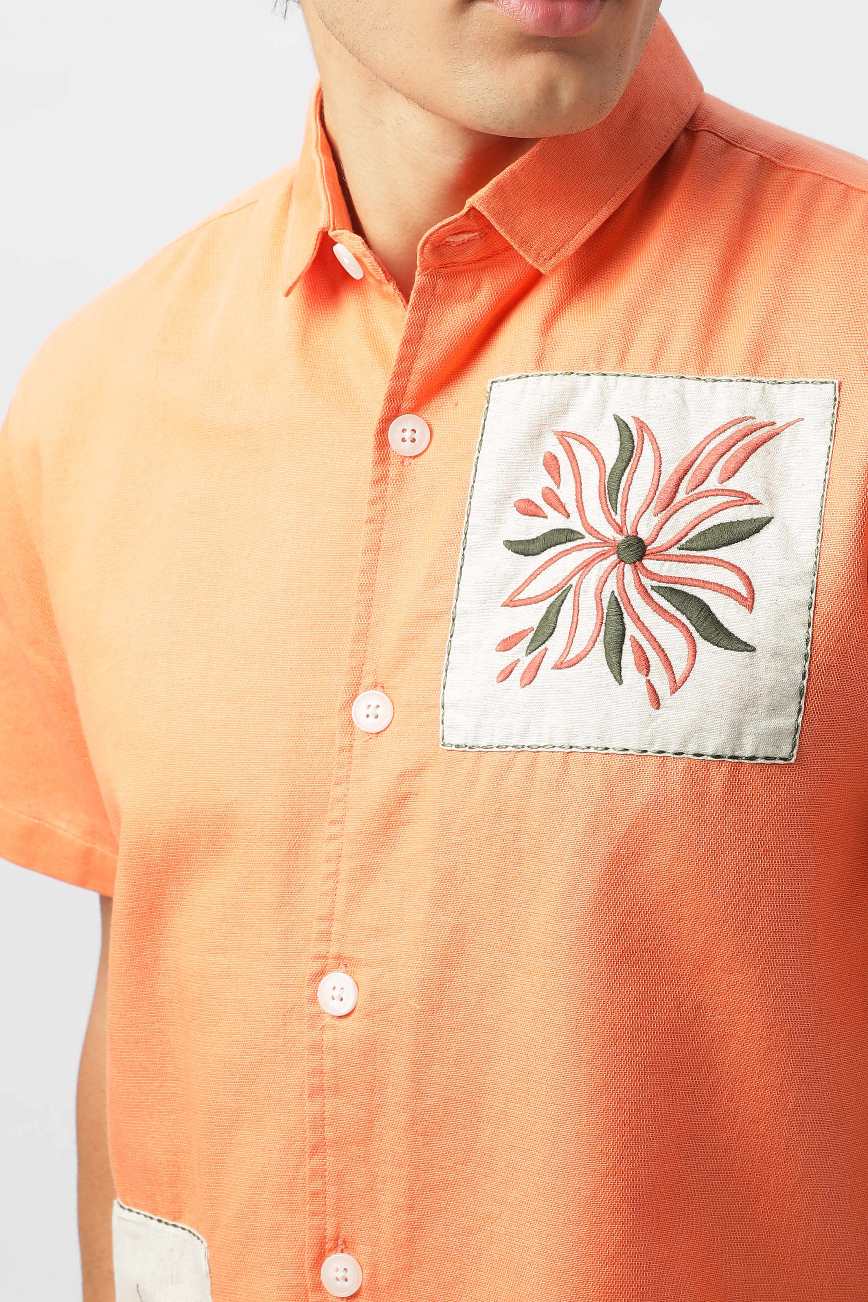 Patch Work Embroidered Men's Coral Box Fit Shirt