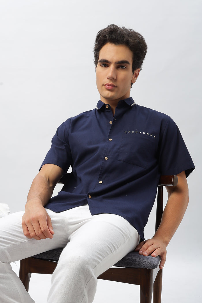 Birmingham Blue Old Money Sophisticated Embroidery Classic Fit Shirt