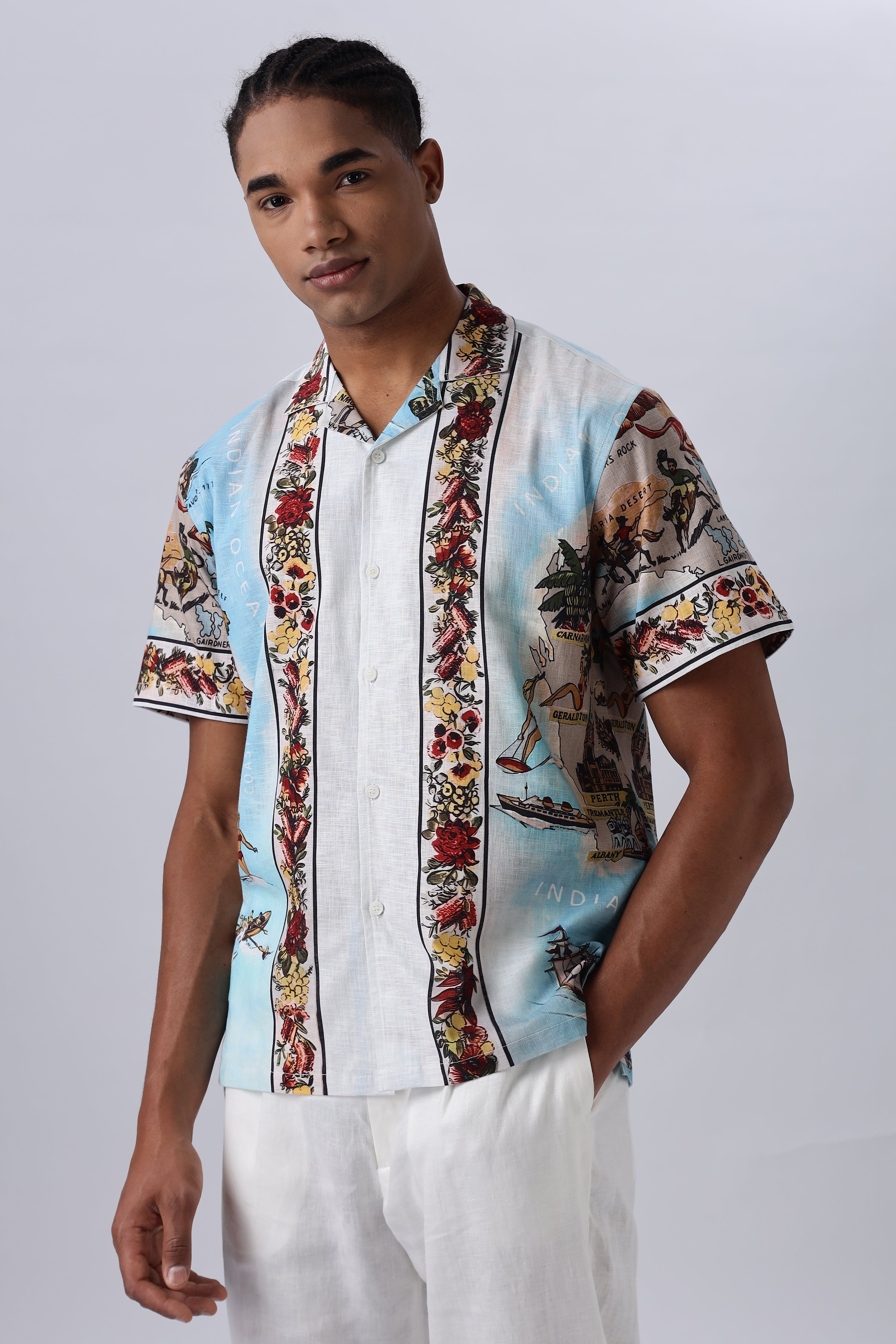 Vintage Ocean Art Printed Cuban Collar Shirt