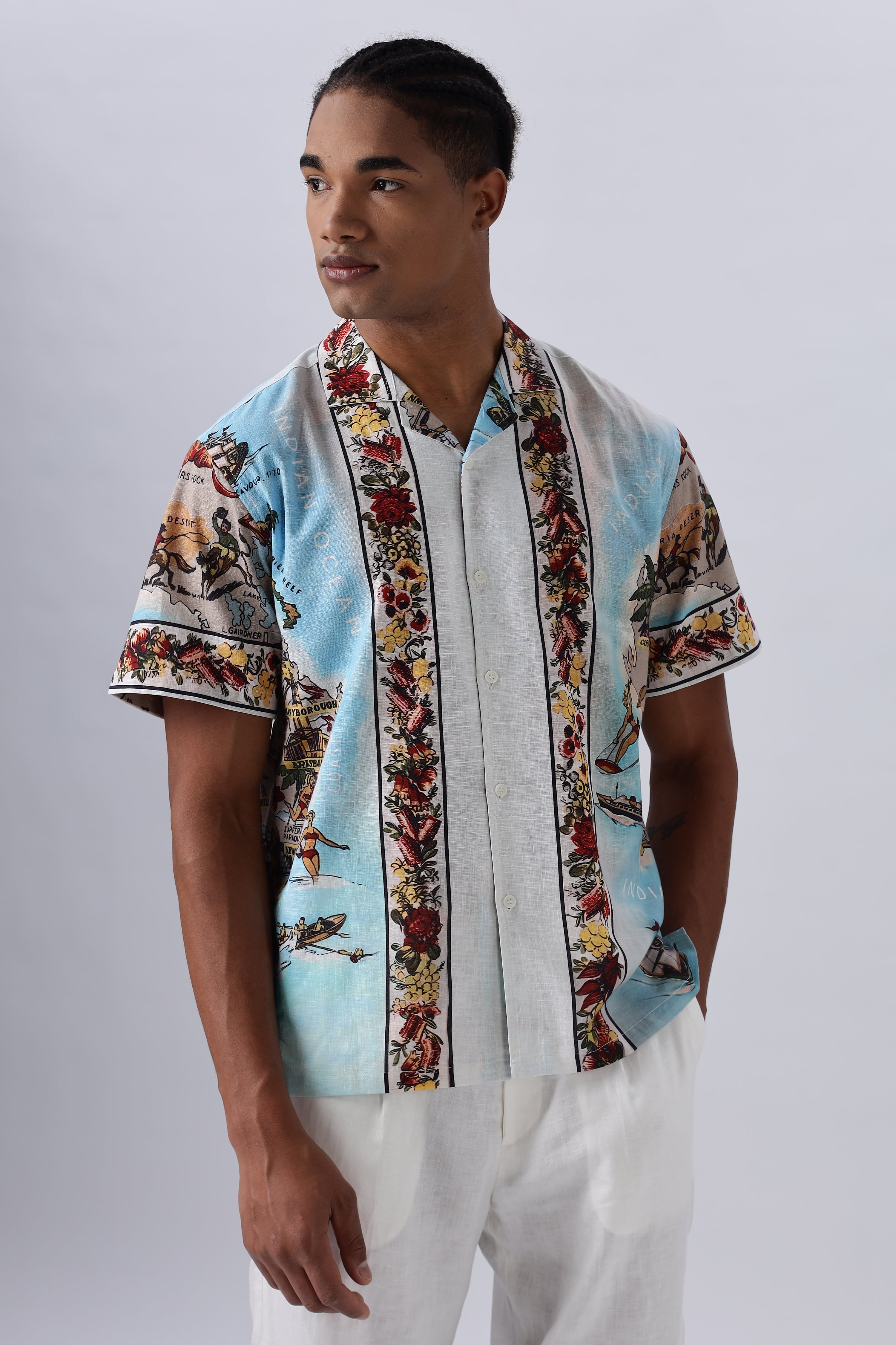 Vintage Ocean Art Printed Cuban Collar Shirt