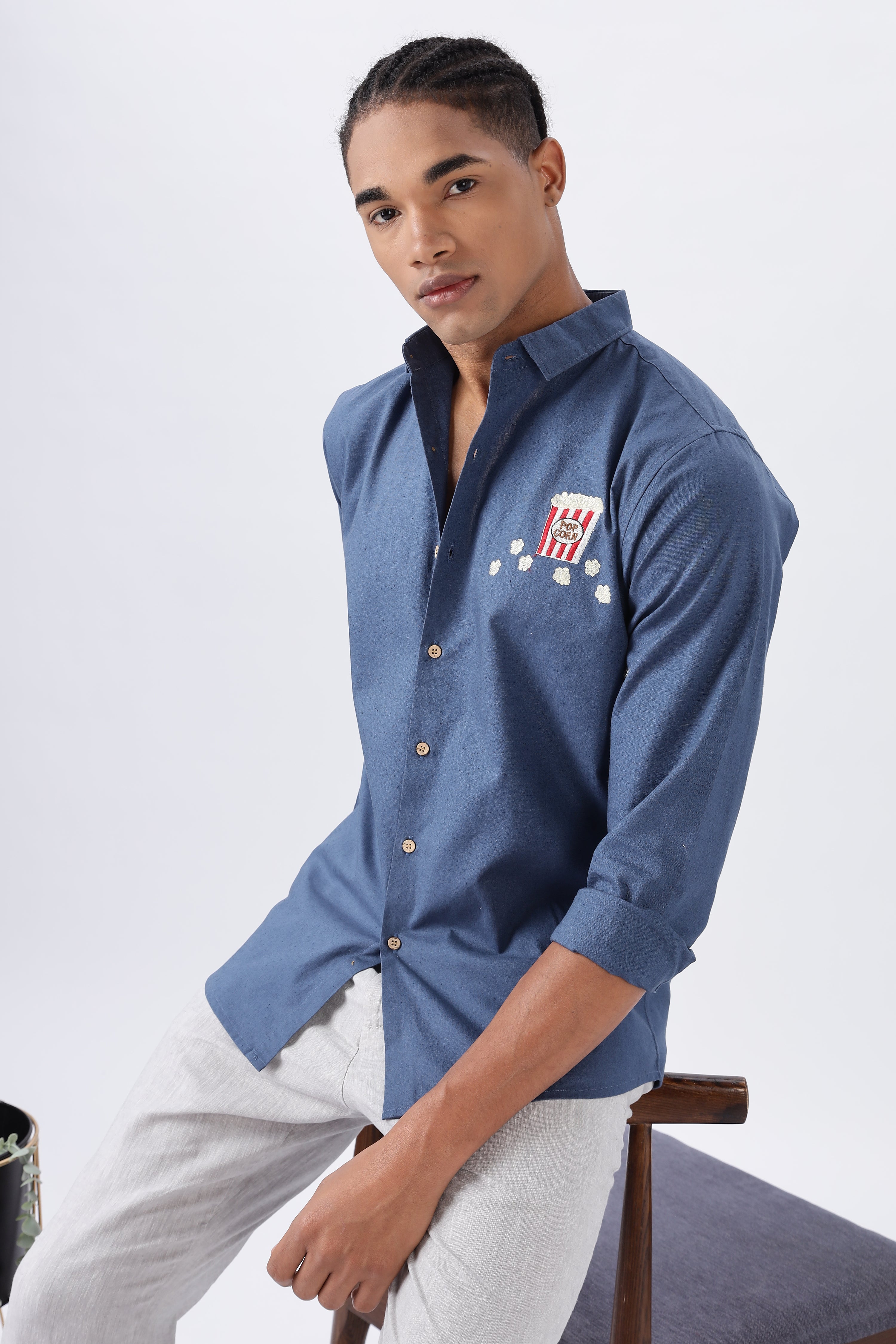 Popcorn & Plot Twists Navy Embroidery Shirt