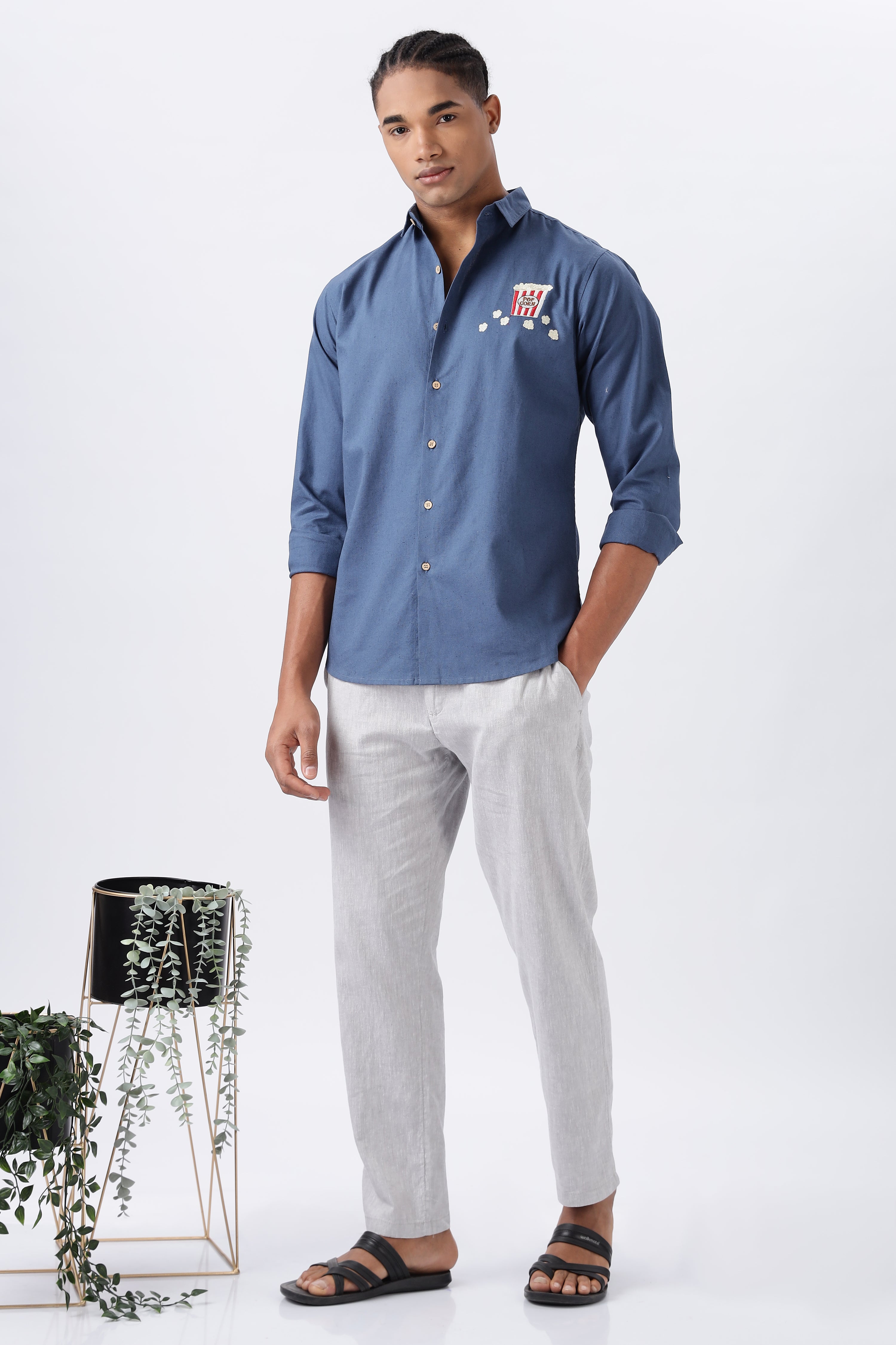 Popcorn & Plot Twists Navy Embroidery Shirt