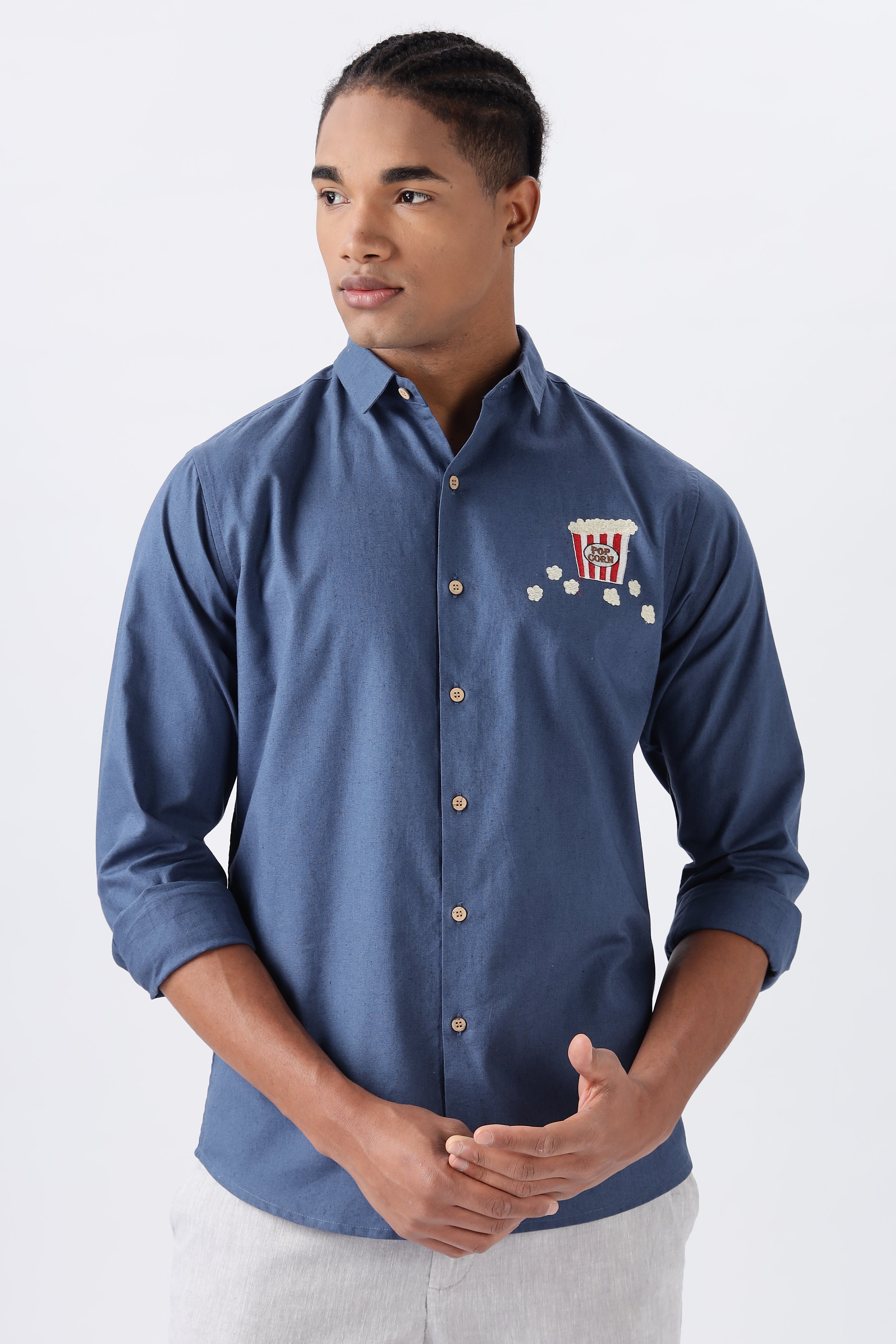 Popcorn & Plot Twists Navy Embroidery Shirt
